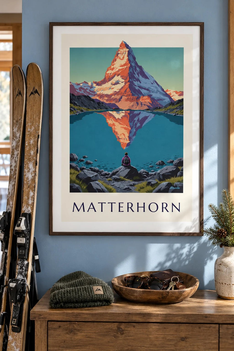 Poster Cervino al tramonto riflesso in un lago alpino: con cornice appeso al muro