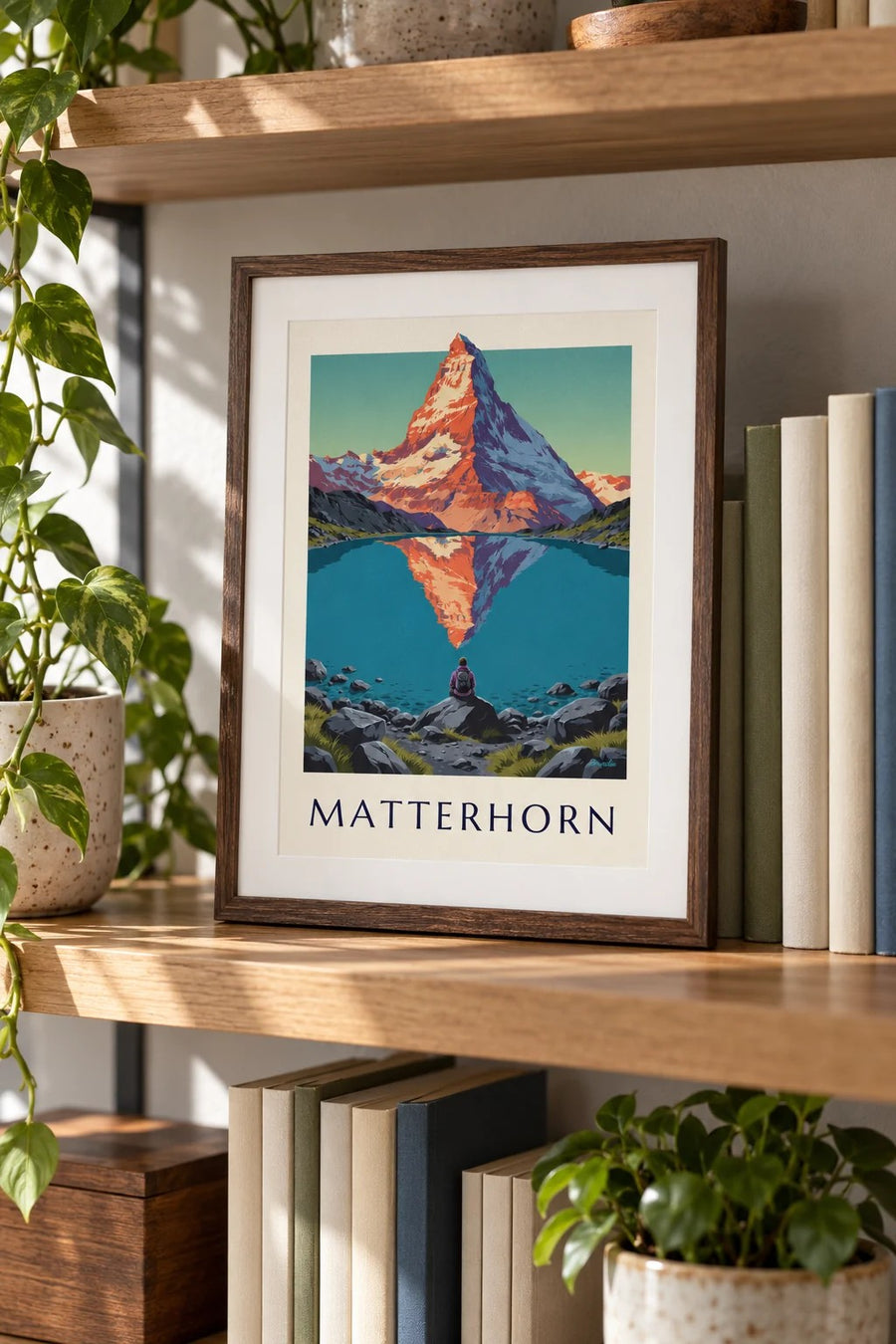 Poster Cervino al tramonto riflesso in un lago alpino: formato piccolo A4 con cornice
