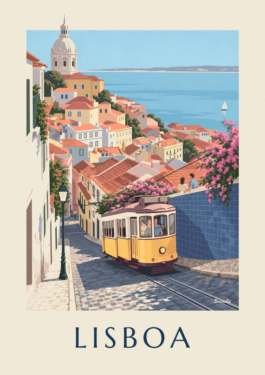 Poster tram giallo in una strada acciottolata di Lisbona di fronte al Tago