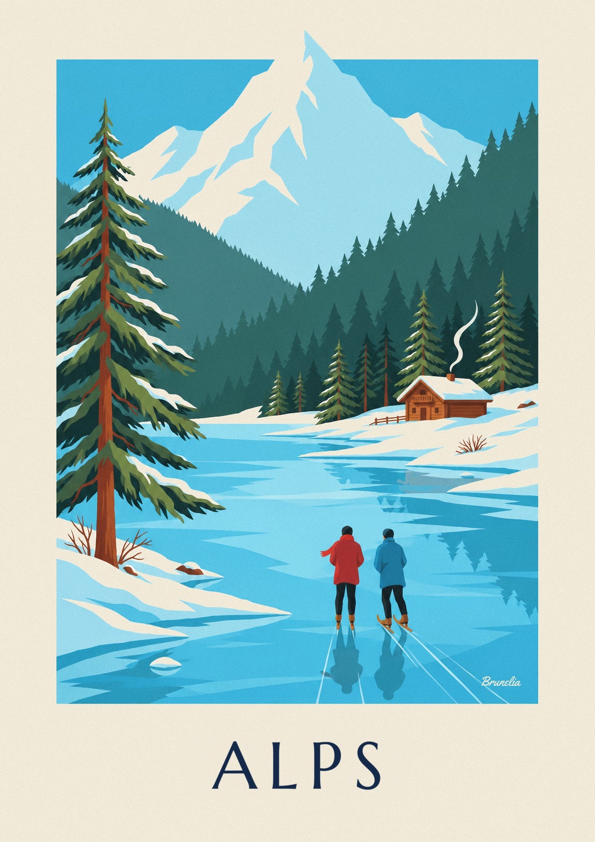 Poster Schlittschuhläufer auf einem zugefrorenen See vor verschneiten Alpen