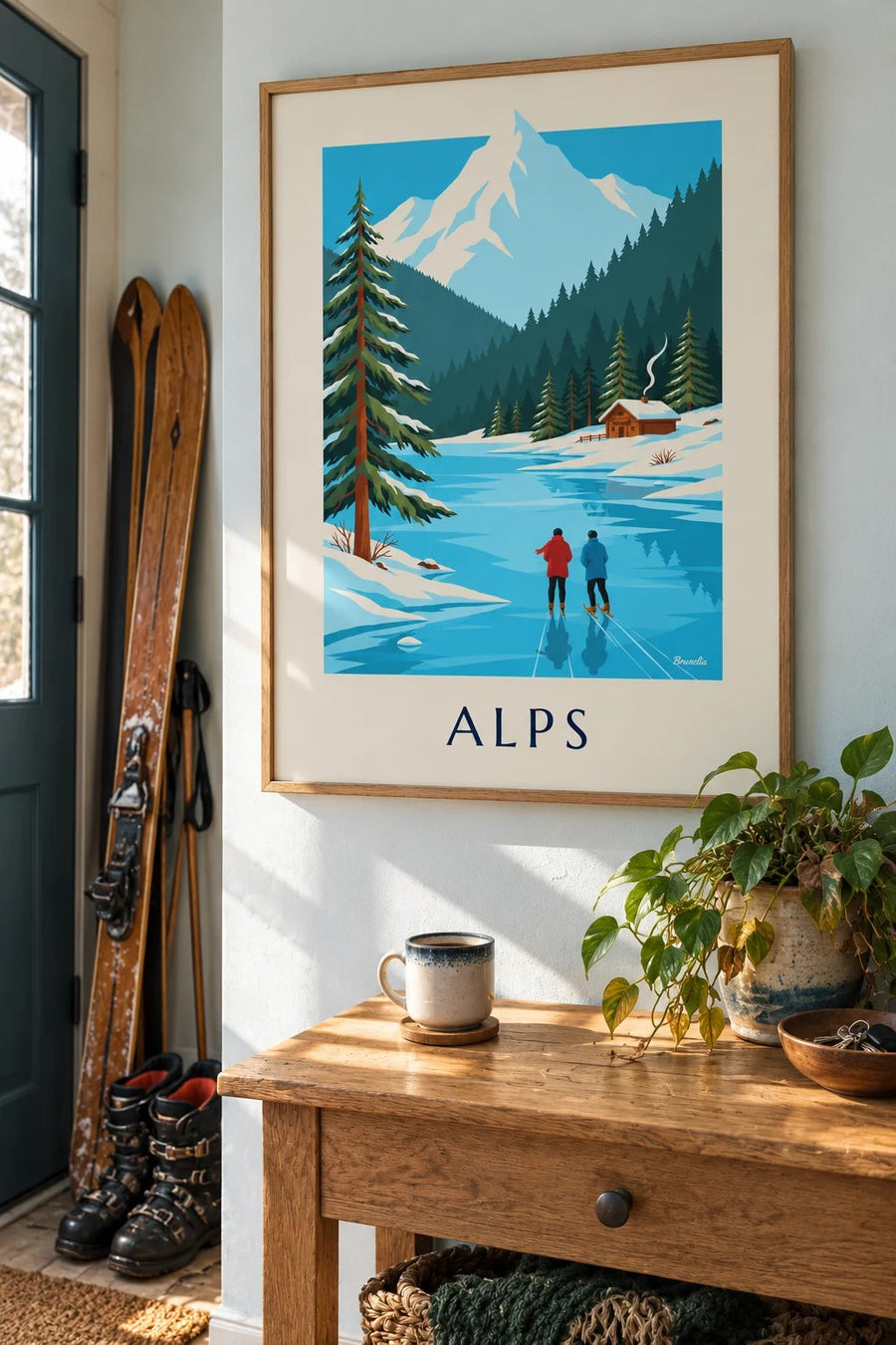 Poster Schlittschuhläufer auf einem zugefrorenen See vor verschneiten Alpen: gerahmt an der Wand