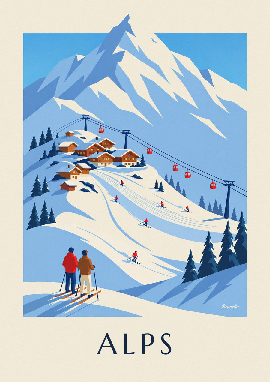 Affiche station de ski des Alps françaises et télécabine