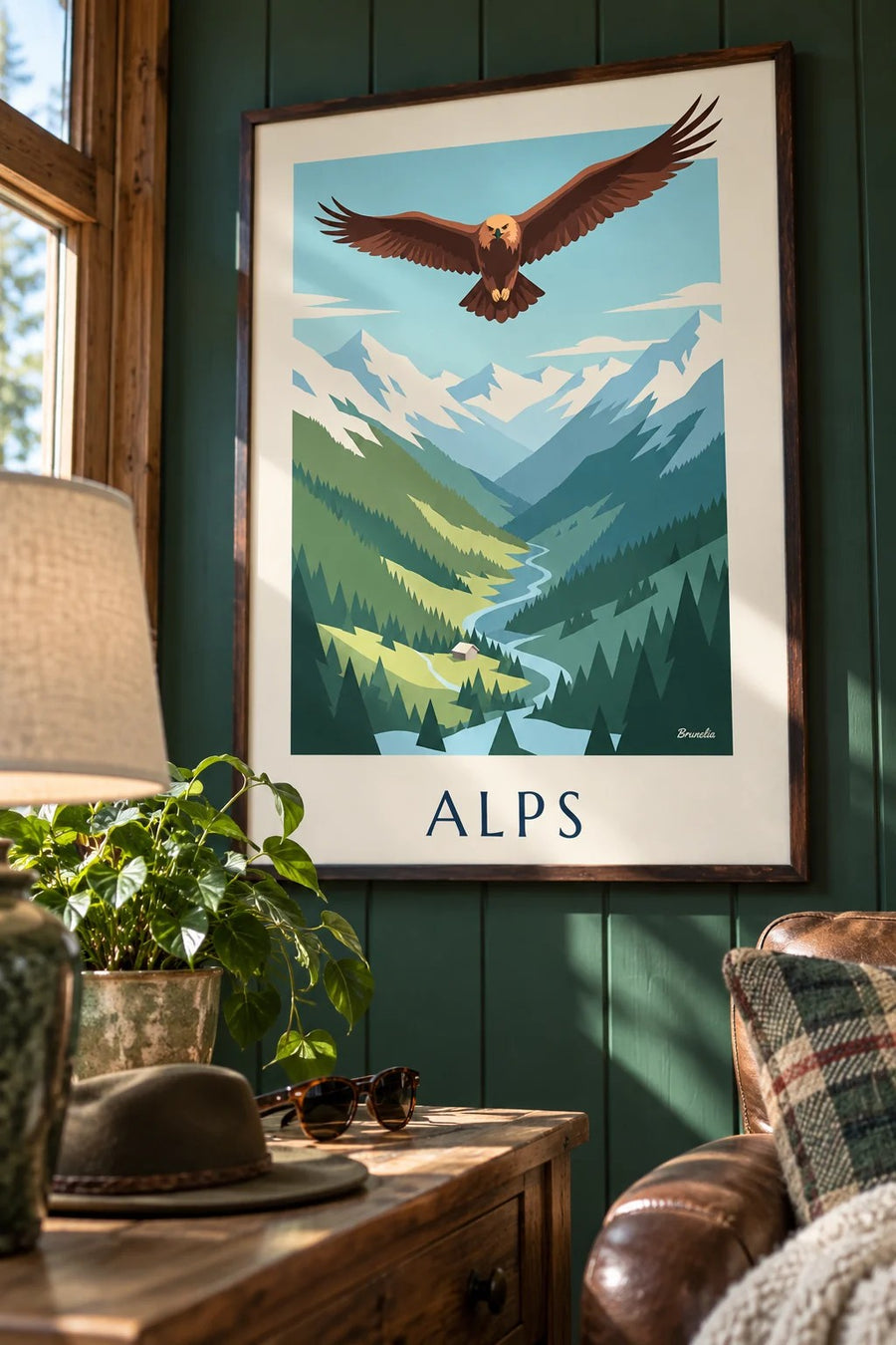 Poster Steinadler über einem Alpental: gerahmt an der Wand