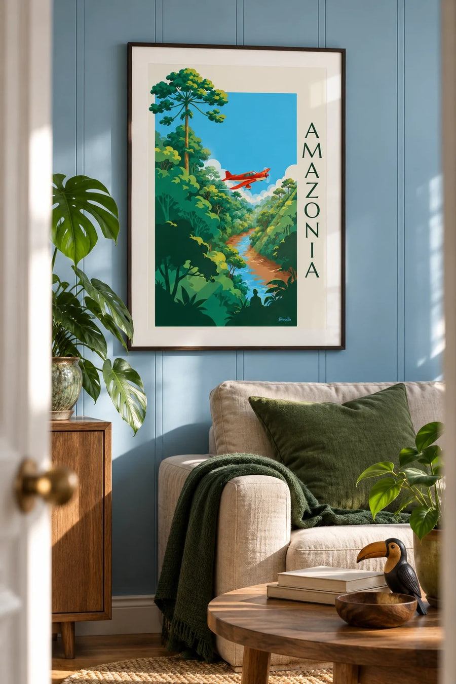 Poster Propellerflugzeug über dem Amazonas-Regenwald: gerahmt an der Wand