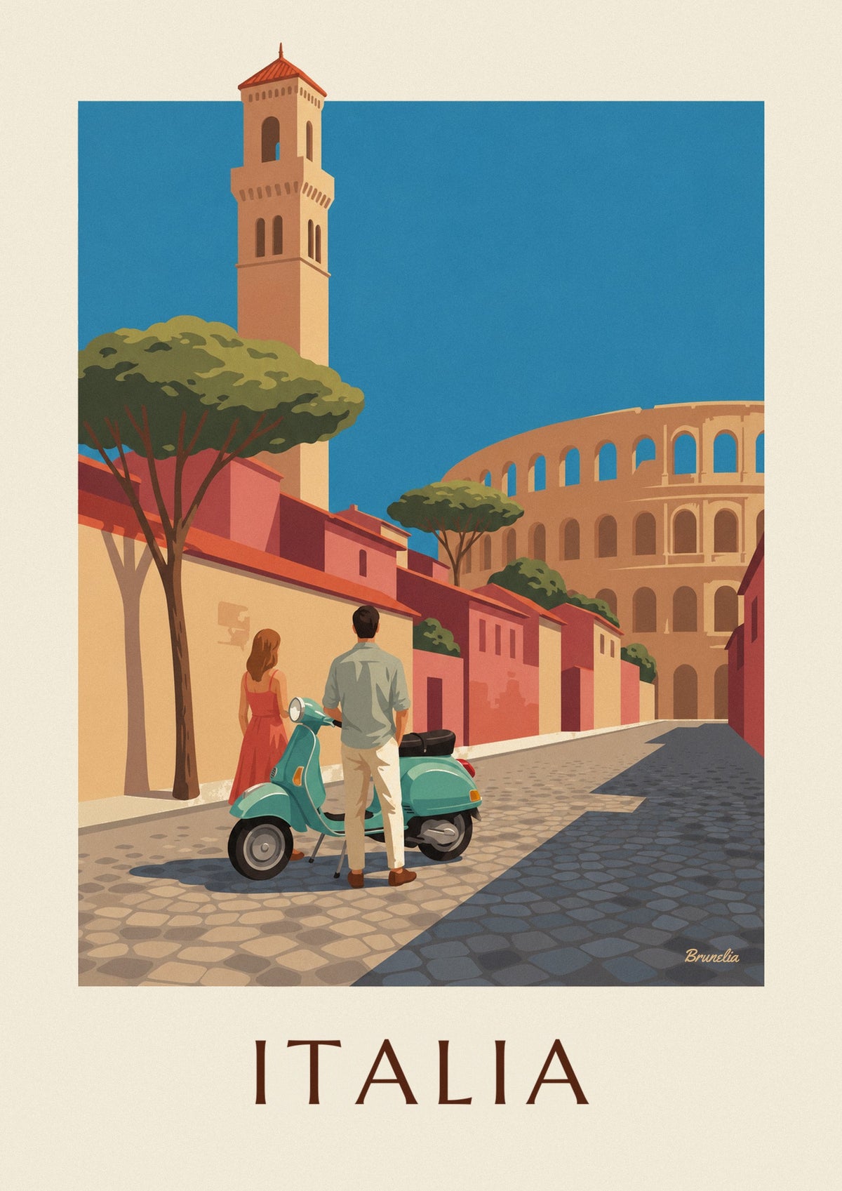 Poster Paar mit mintgrünem Motorroller vor dem Kolosseum in Rom