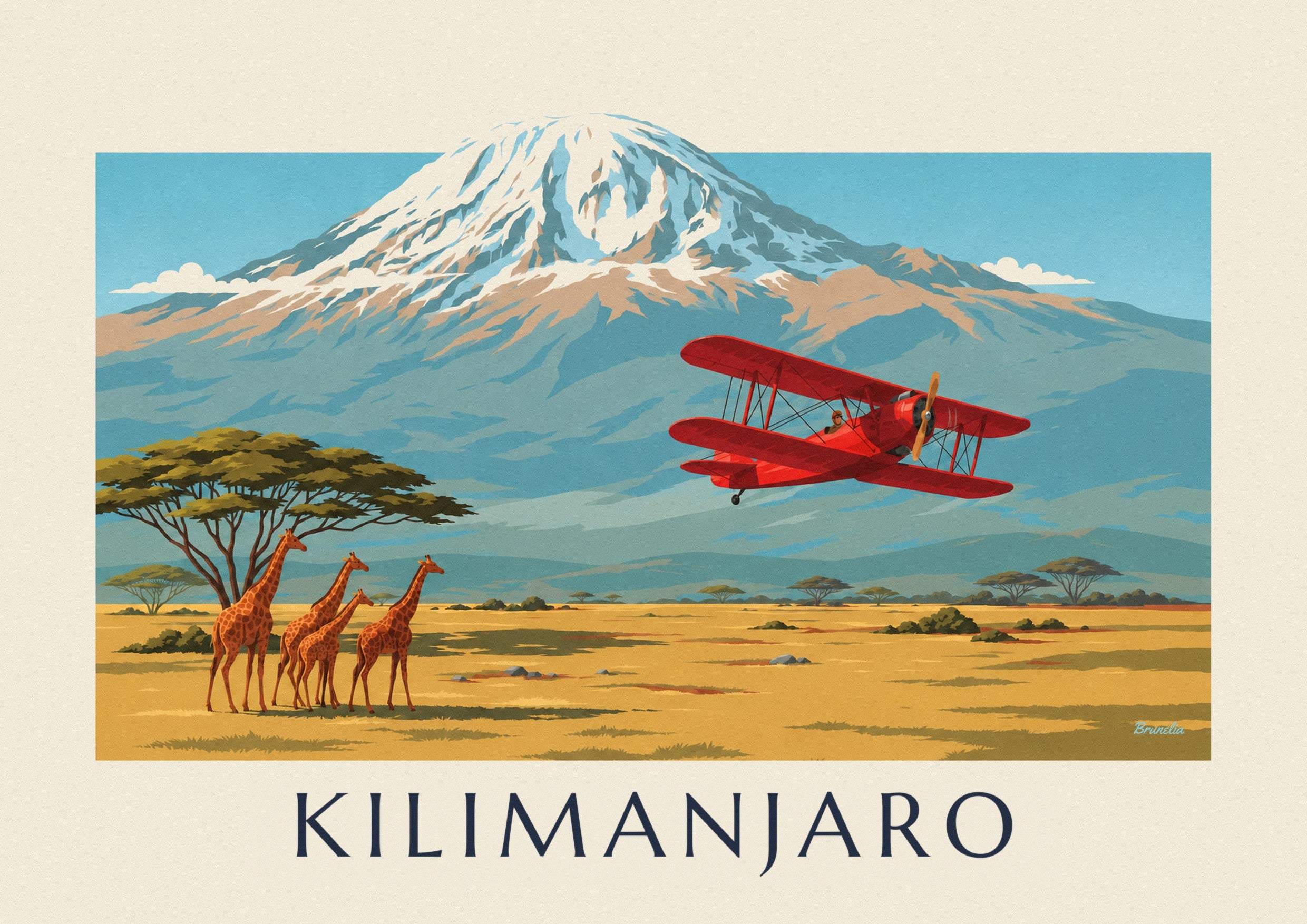 Affiche biplan survolant la savane et le Kilimanjaro : détail en gros plan