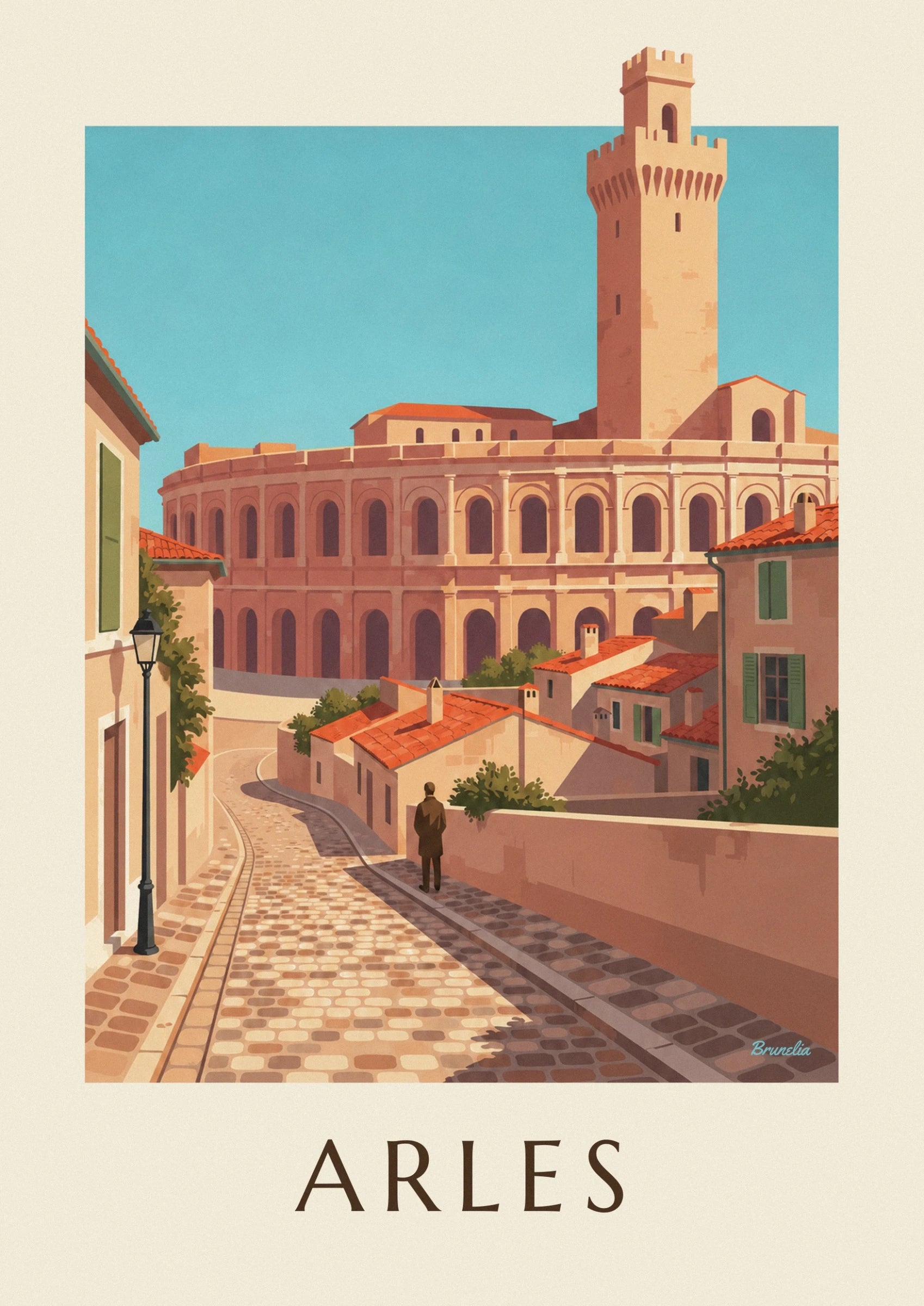 The arches of the arènes d’Arles behind houses with red tiled roofs