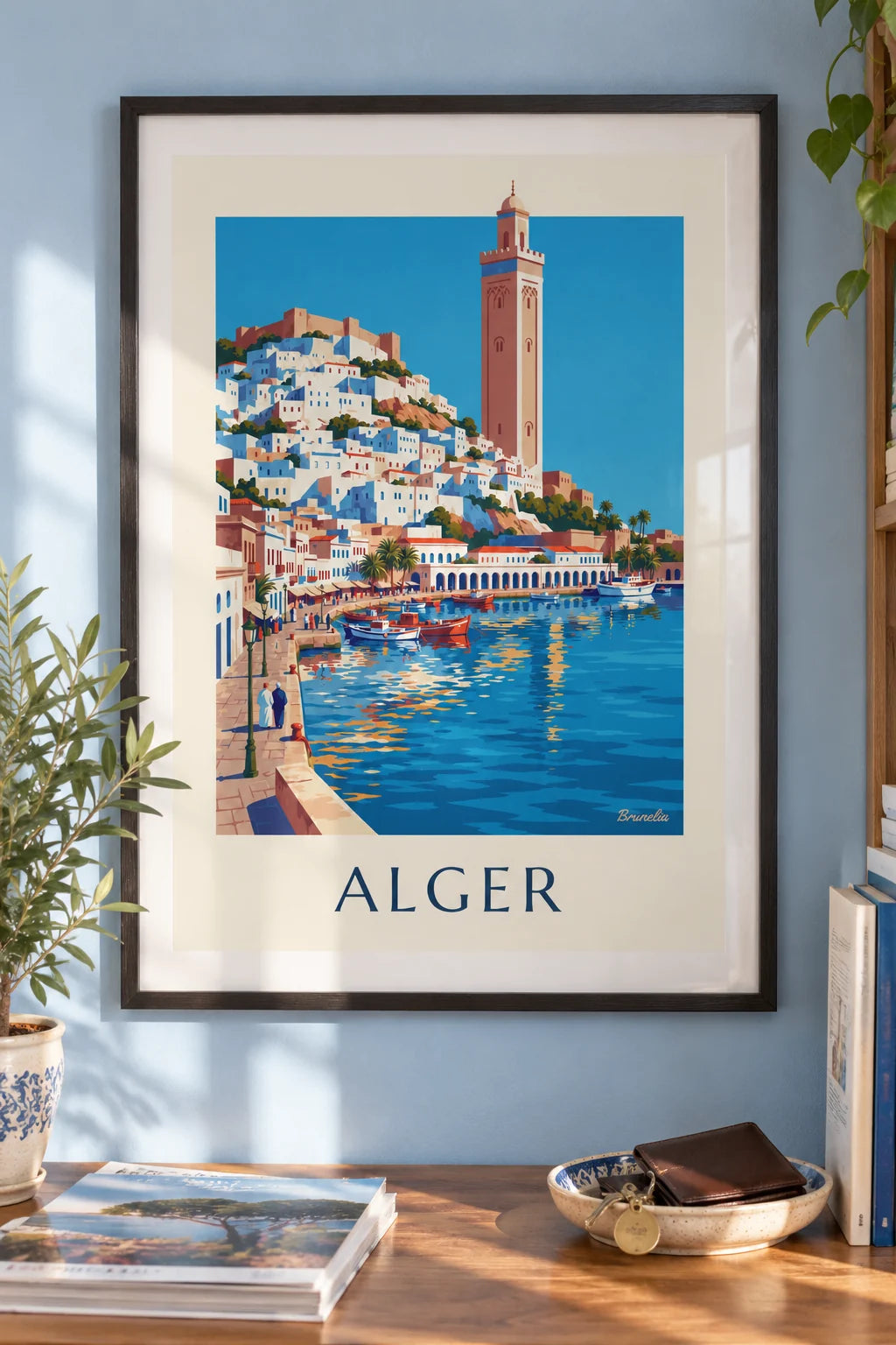 Whitewashed Algiers Casbah descending to the Mediterranean poster on the wall