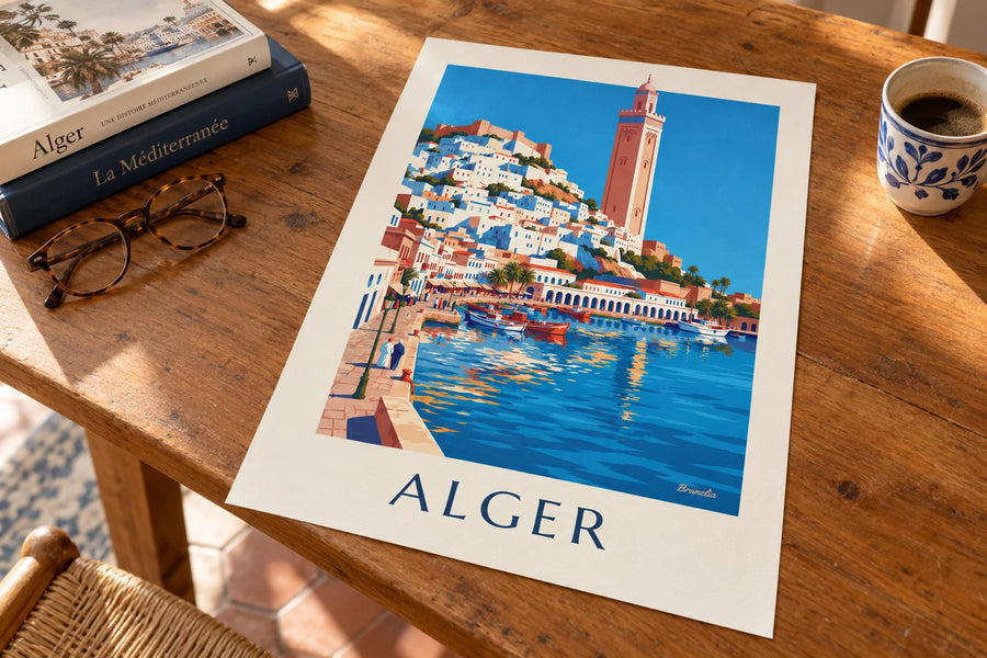 Poster Casbah bianca di Algeri che scende verso il Mediterraneo: appoggiato su un tavolo