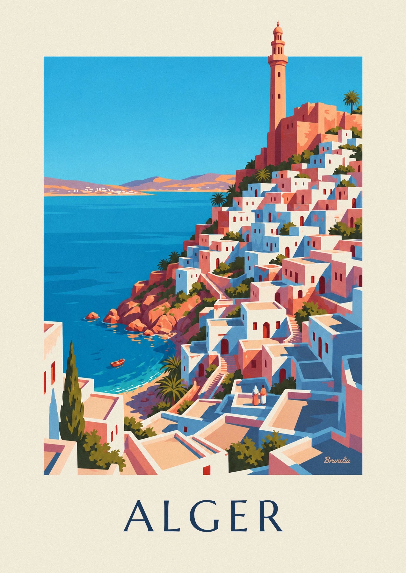 The white and blue houses of the Casbah beneath tall ochre façades