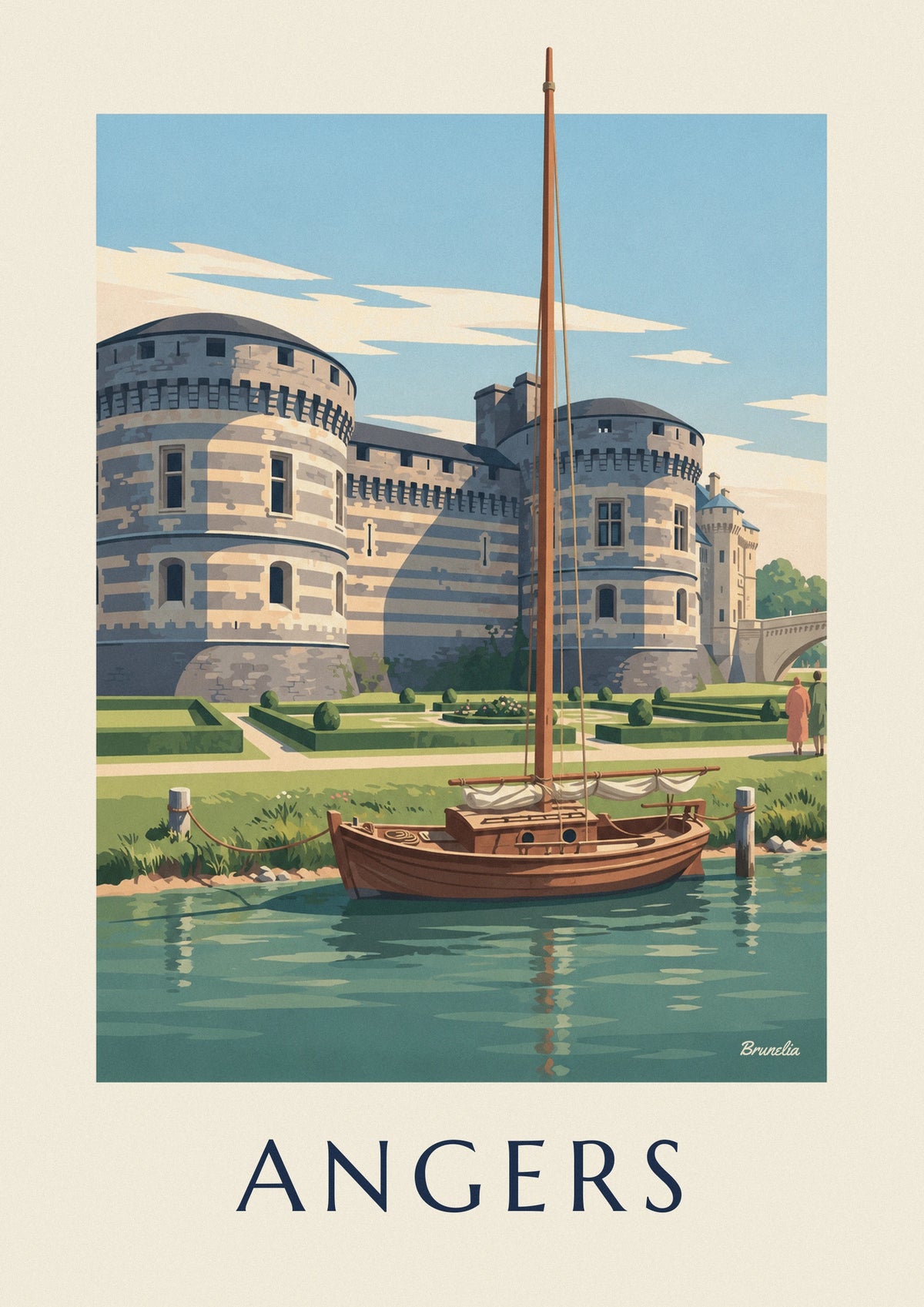Angers château and moored sailboat on the Maine poster