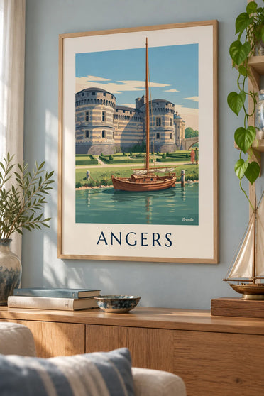 Poster castello di Angers e veliero ormeggiato sulla Maine : incorniciato alla parete