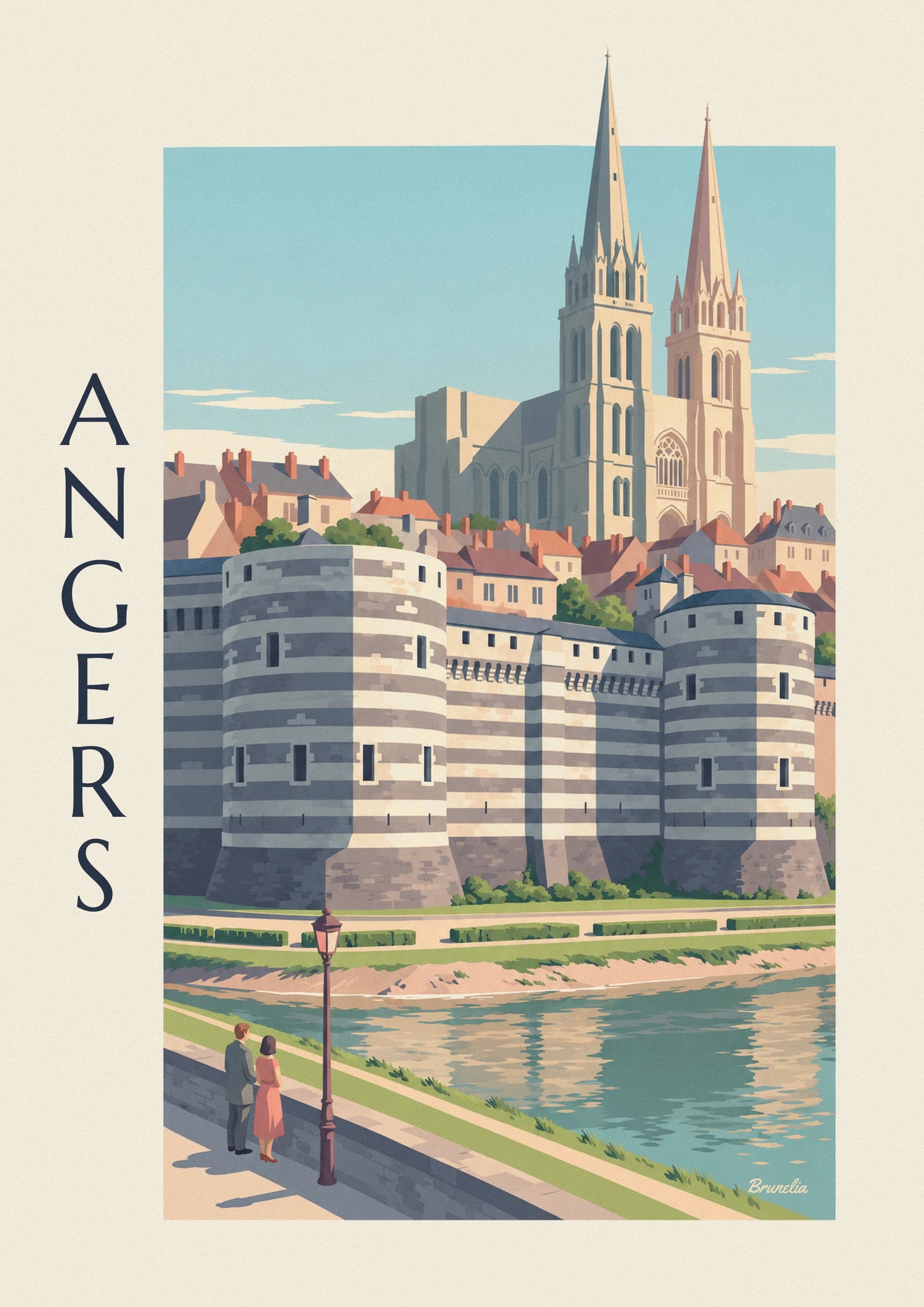 Affiche château d'Angers et cathédrale au bord de la Maine : détail en gros plan