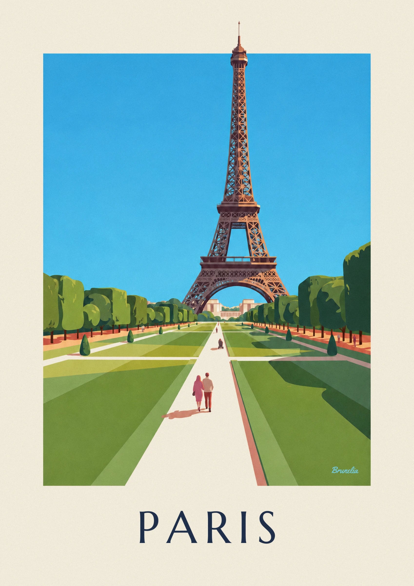 La tour Eiffel en fer brun-orangé sous un ciel bleu, au-dessus des haies taillées