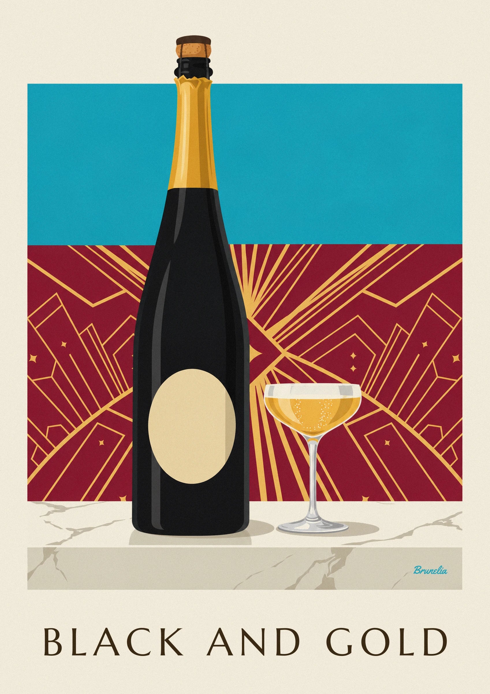 Poster bottiglia di champagne brut nera e oro: dettaglio in primo piano