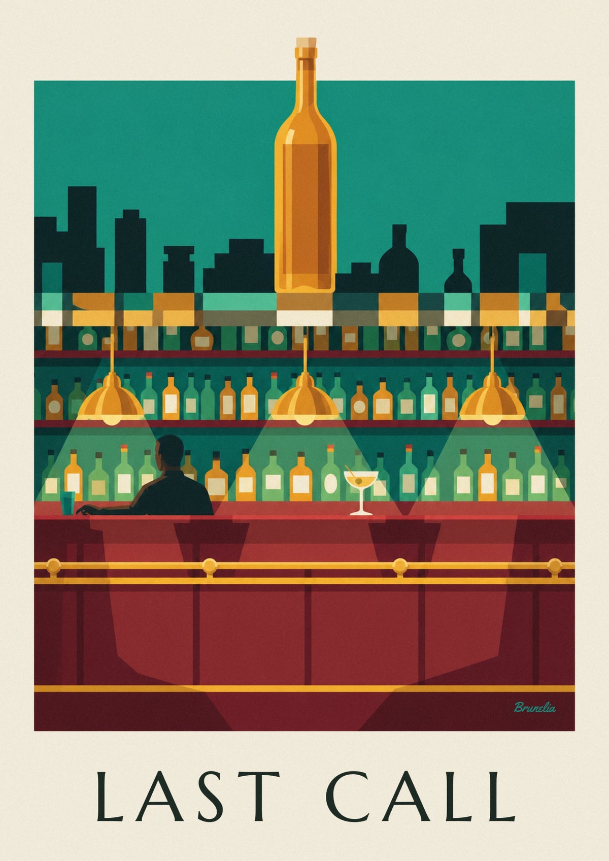 Bar counter with bottles lined up under lamps poster