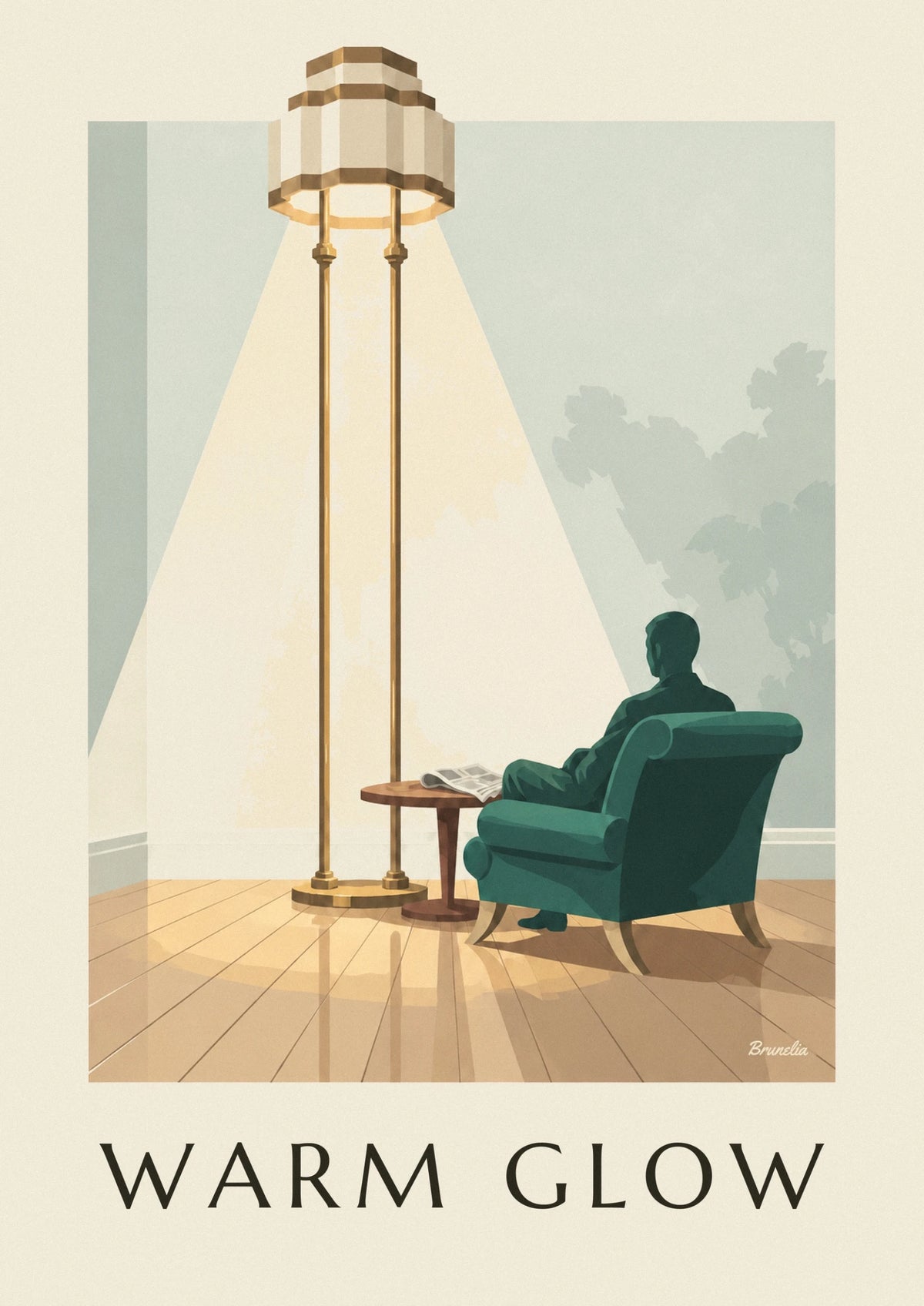 Geometric shade floor lamp and armchair poster