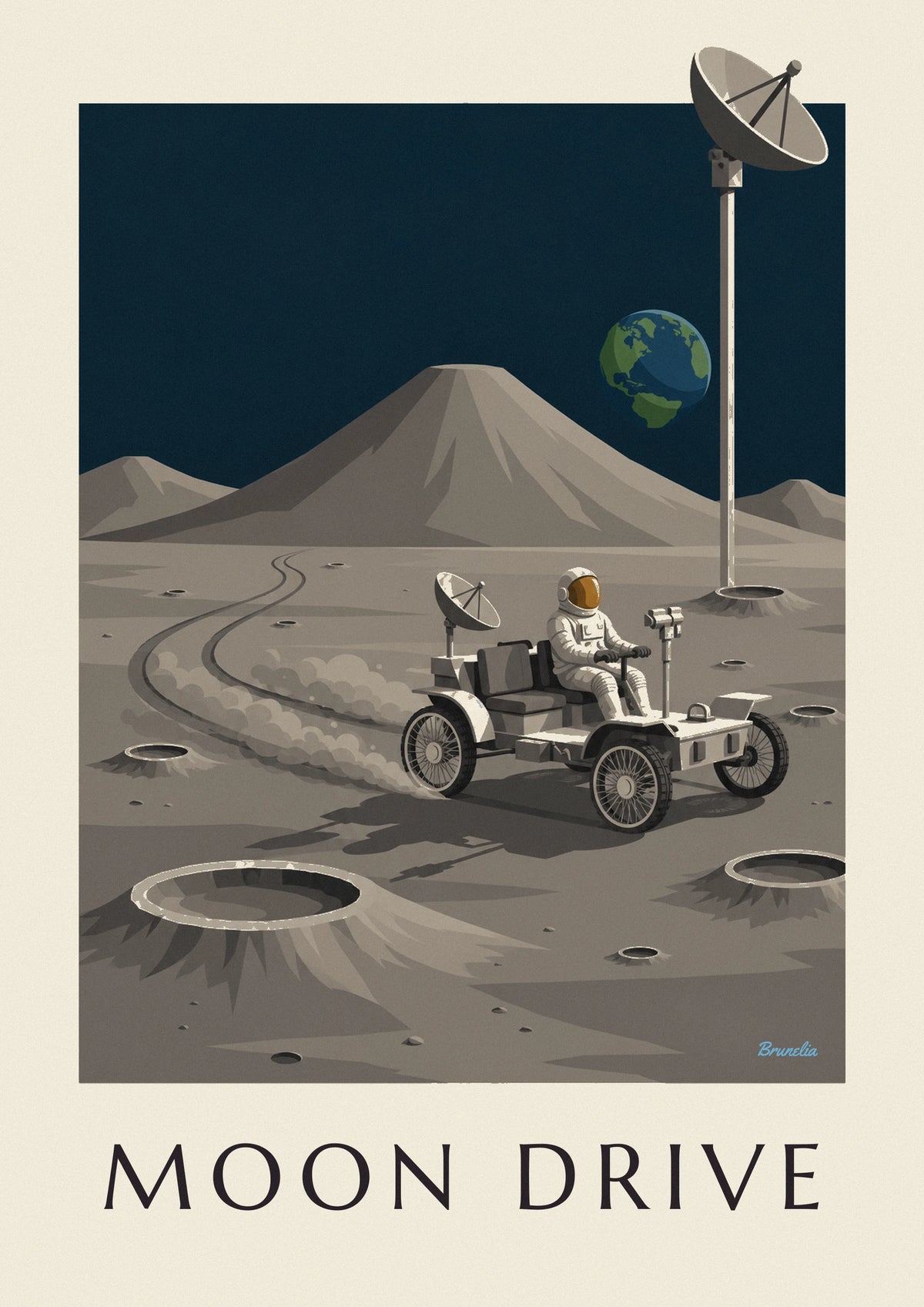 Affiche rover lunaire roulant entre les cratères de la Lune