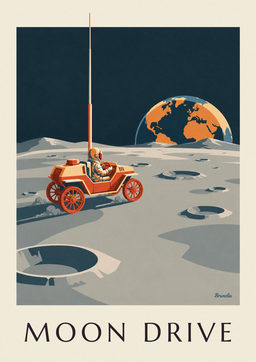 Affiche rover lunaire roulant entre les cratères de la Lune