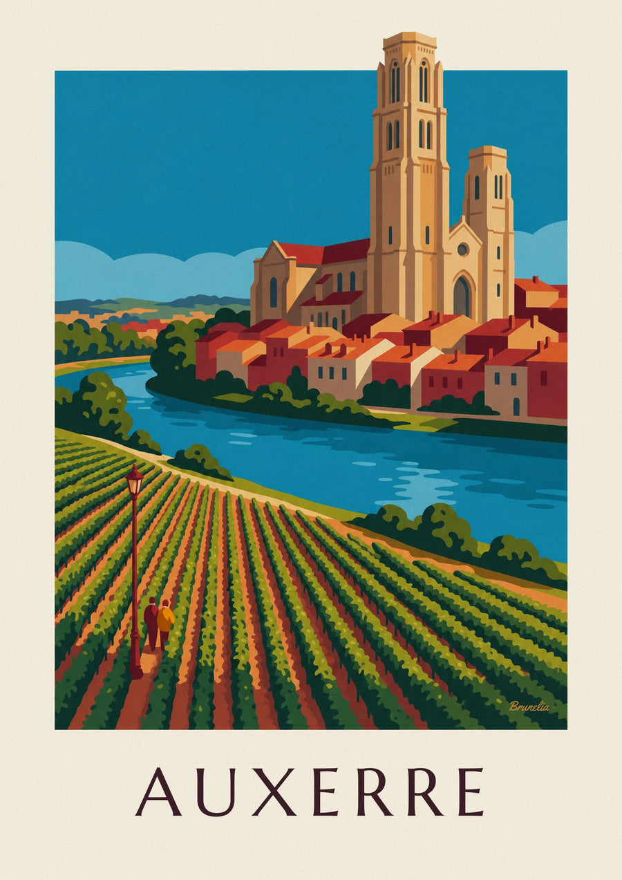 Poster vigneti di Auxerre e cattedrale sulle rive dello Yonne
