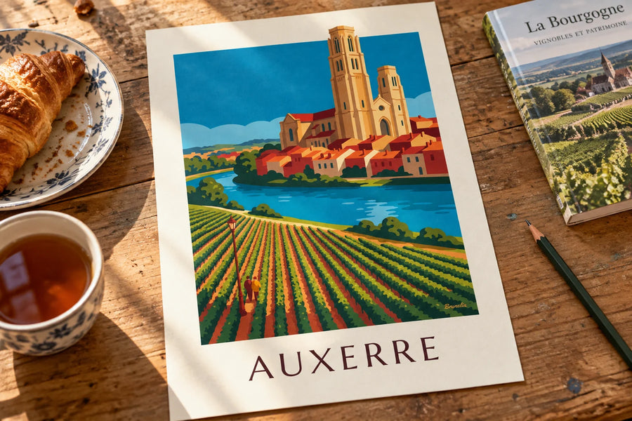 Poster vigneti di Auxerre e cattedrale sulle rive dell'Yonne: appoggiato su un tavolo