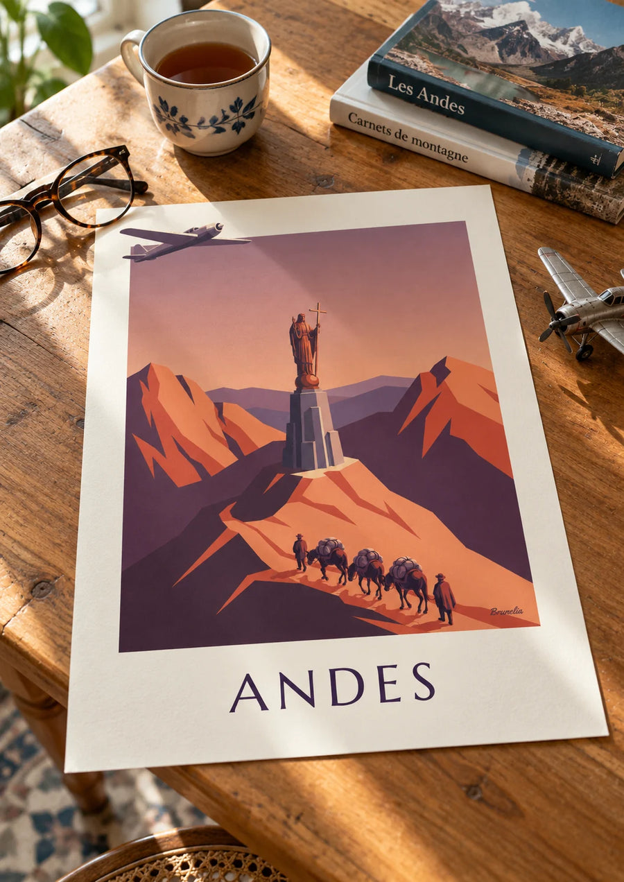 Affiche avion postal et caravane de mules dans les Andes : posée sur une table