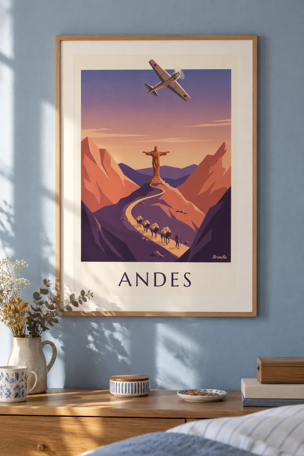 Mise en situation de Affiche avion postal et caravane de mules dans les Andes