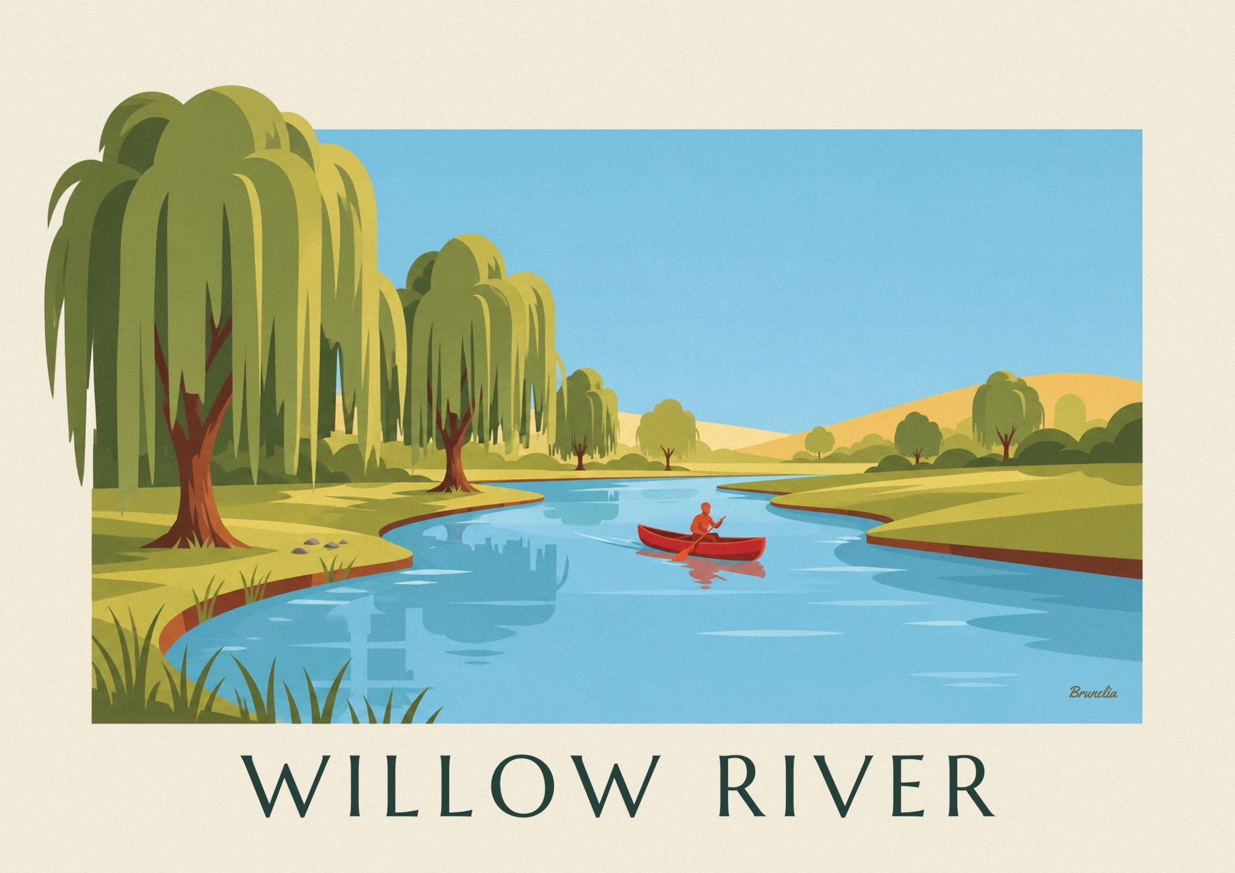 The red canoe and its paddler gliding over the blue water, with golden hills in the background