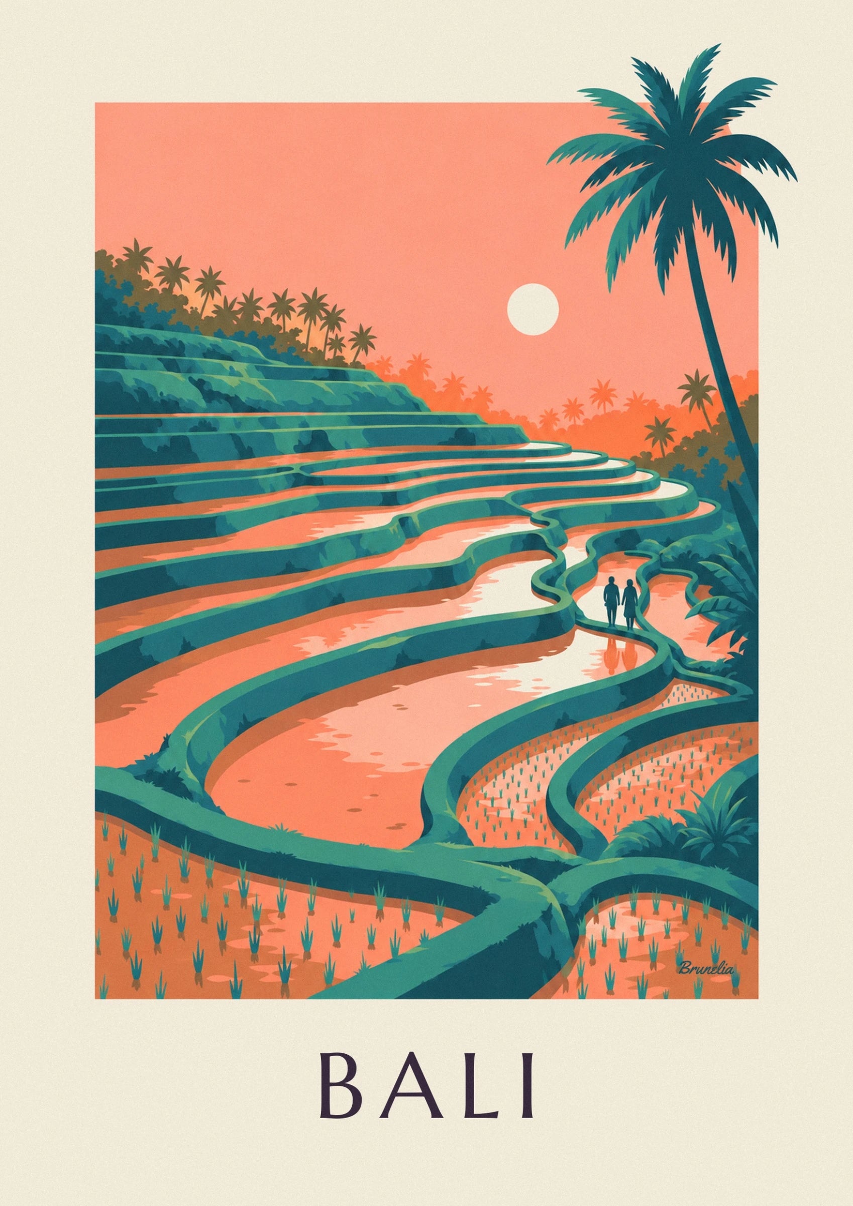 The terraced rice fields of Bali, between green banks and coral reflections