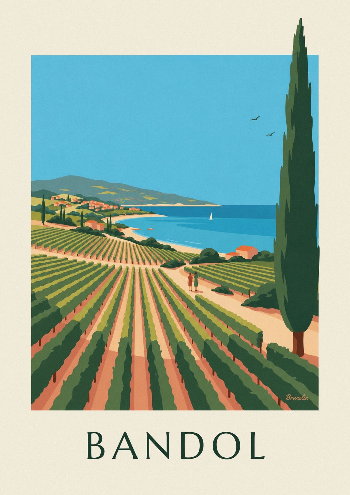 Affiche Bandol, vignes, cyprès et baie bleue de la Méditerranée