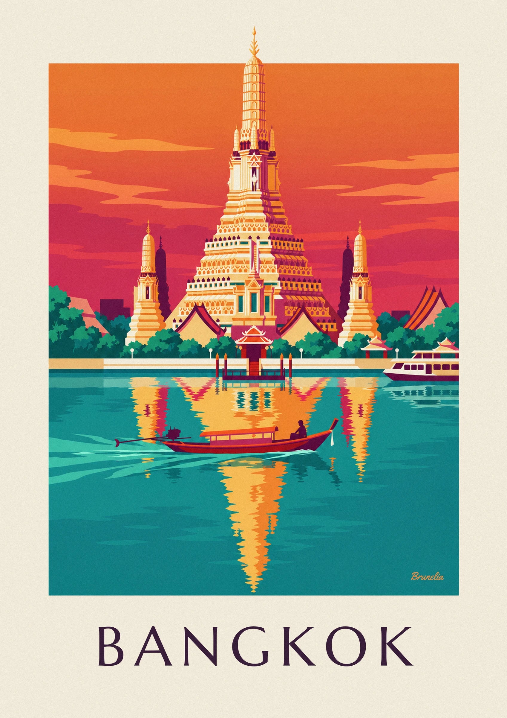 Poster tempio Wat Arun in riva al fiume a Bangkok: dettaglio in primo piano