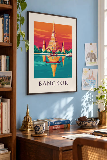 Affiche temple Wat Arun au bord du fleuve à Bangkok : encadrée au mur