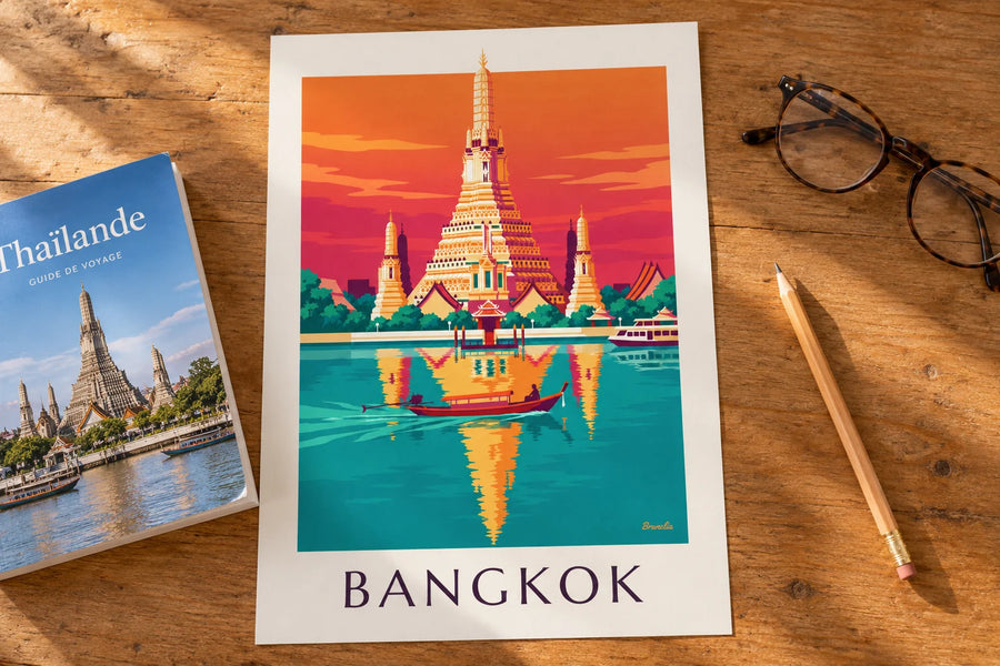 Poster mit dem Tempel Wat Arun am Fluss in Bangkok: auf einem Tisch
