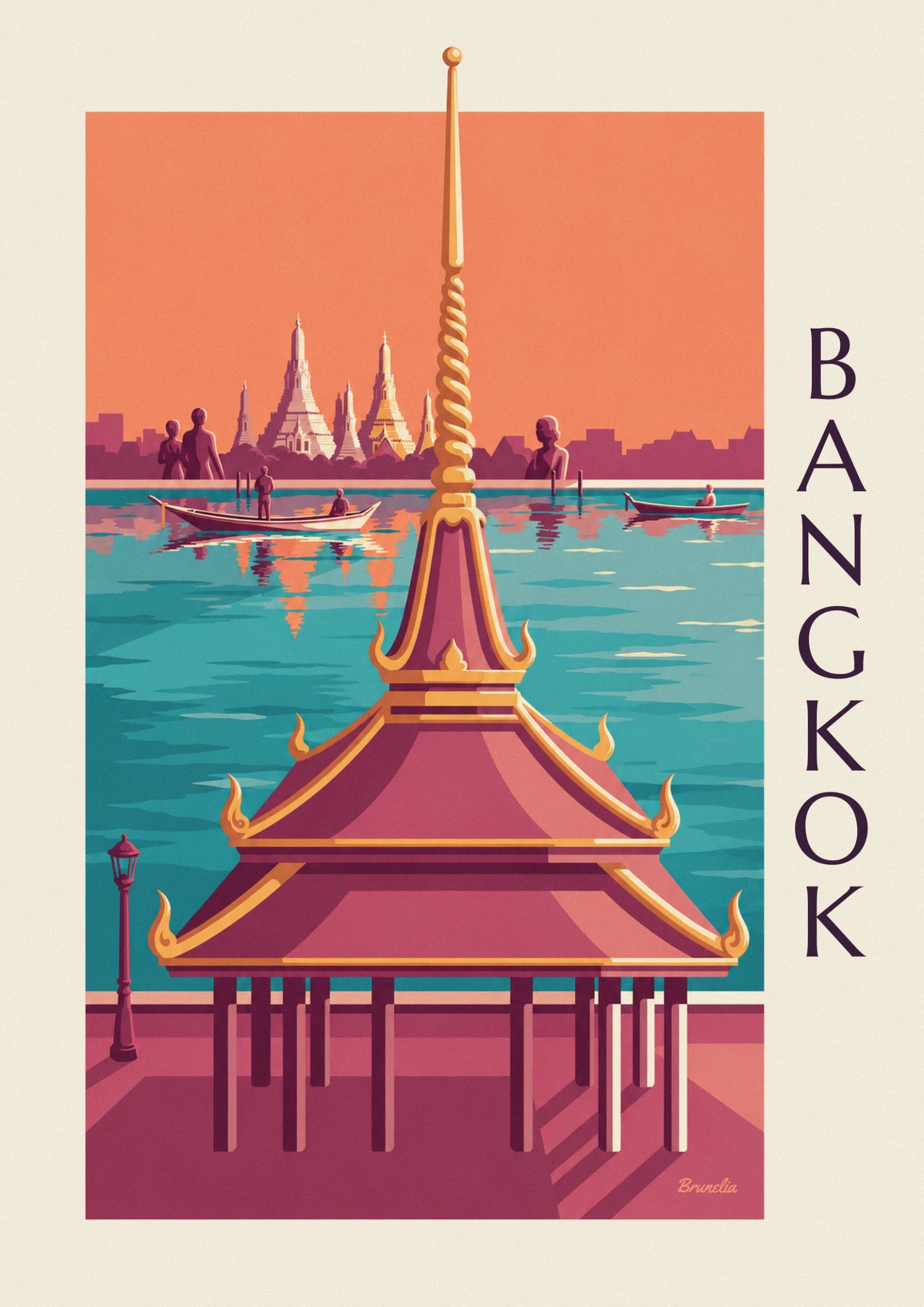 The pink pagoda roof with golden edges, facing the turquoise river