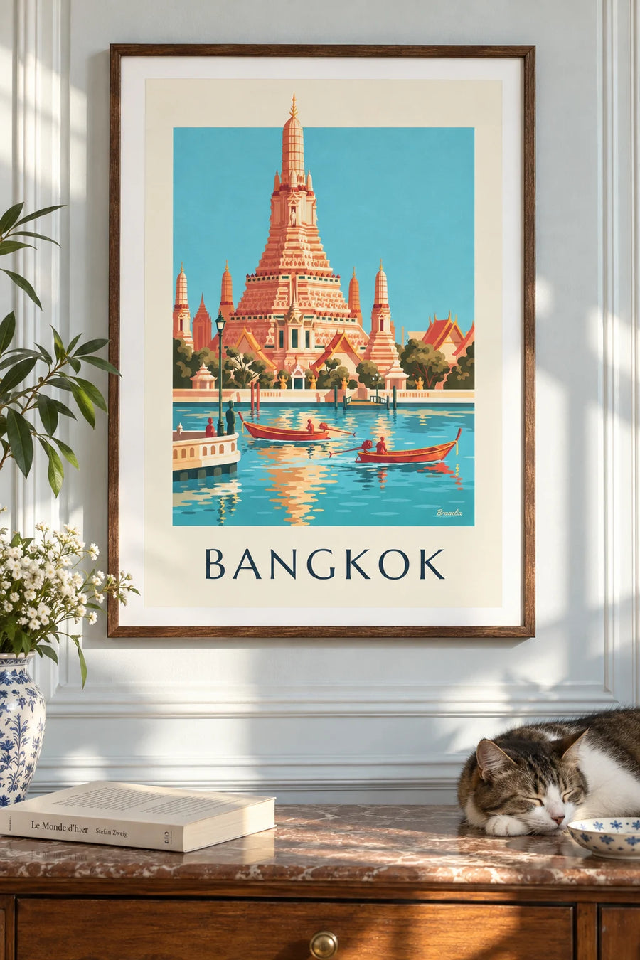 Affiche bateaux devant le temple de l'Aube à Bangkok : encadrée au mur