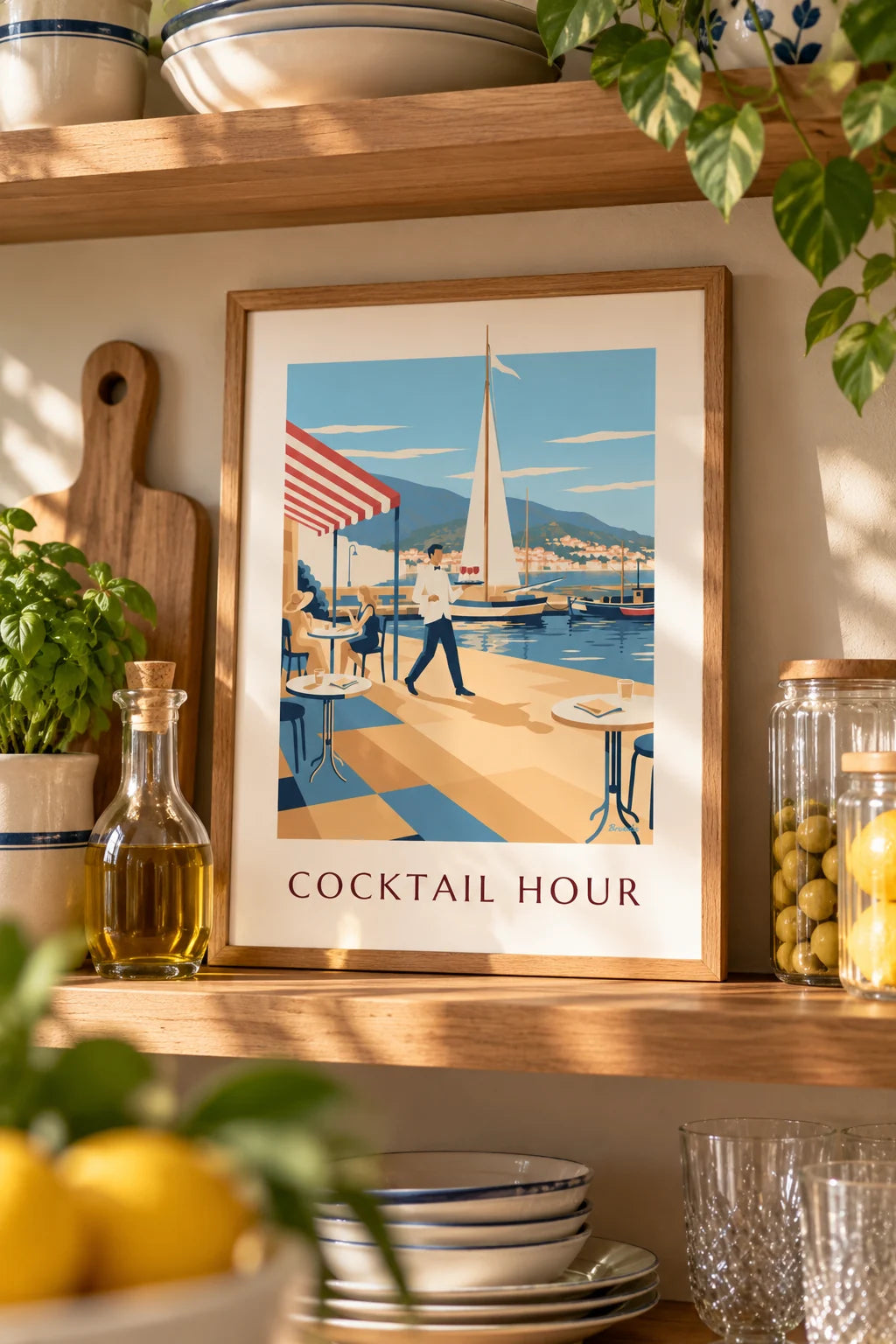 Cucina: ambientazione di Poster cameriere e aperitivi su una terrazza del porto