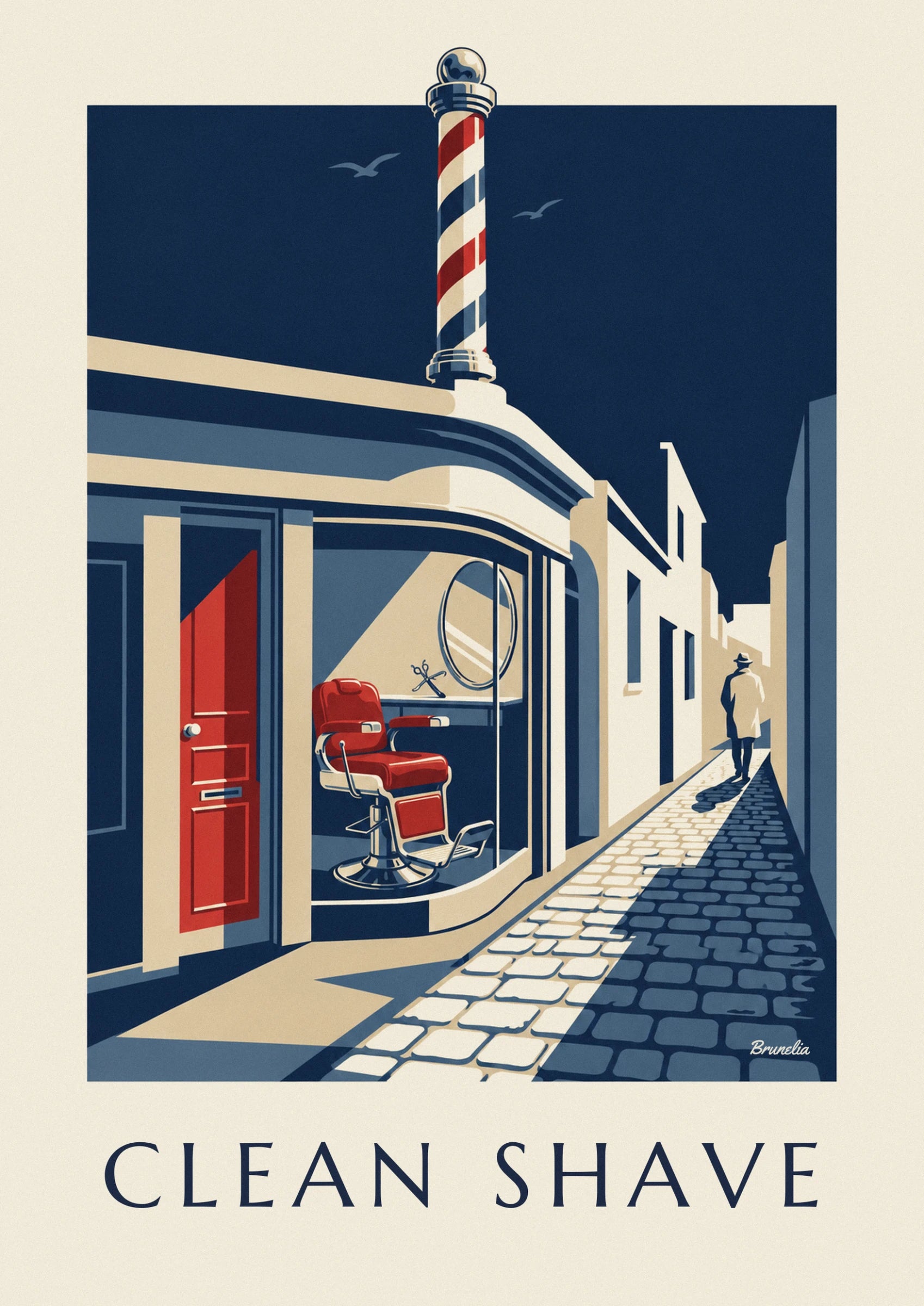 Le fauteuil de barbier en cuir rouge et chrome, face au miroir ovale et aux ciseaux