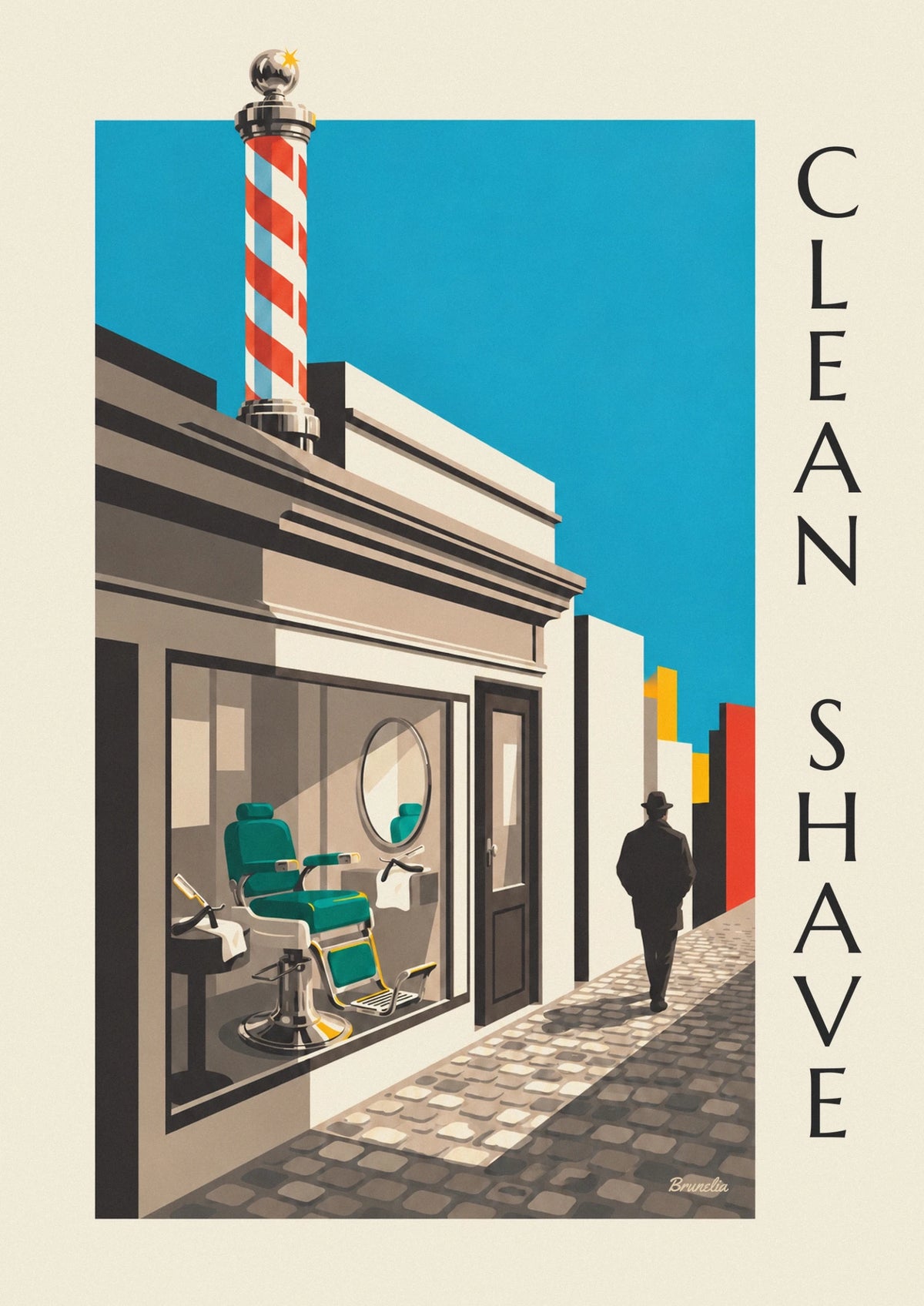 Barber shop front and striped pole on a cobbled street poster