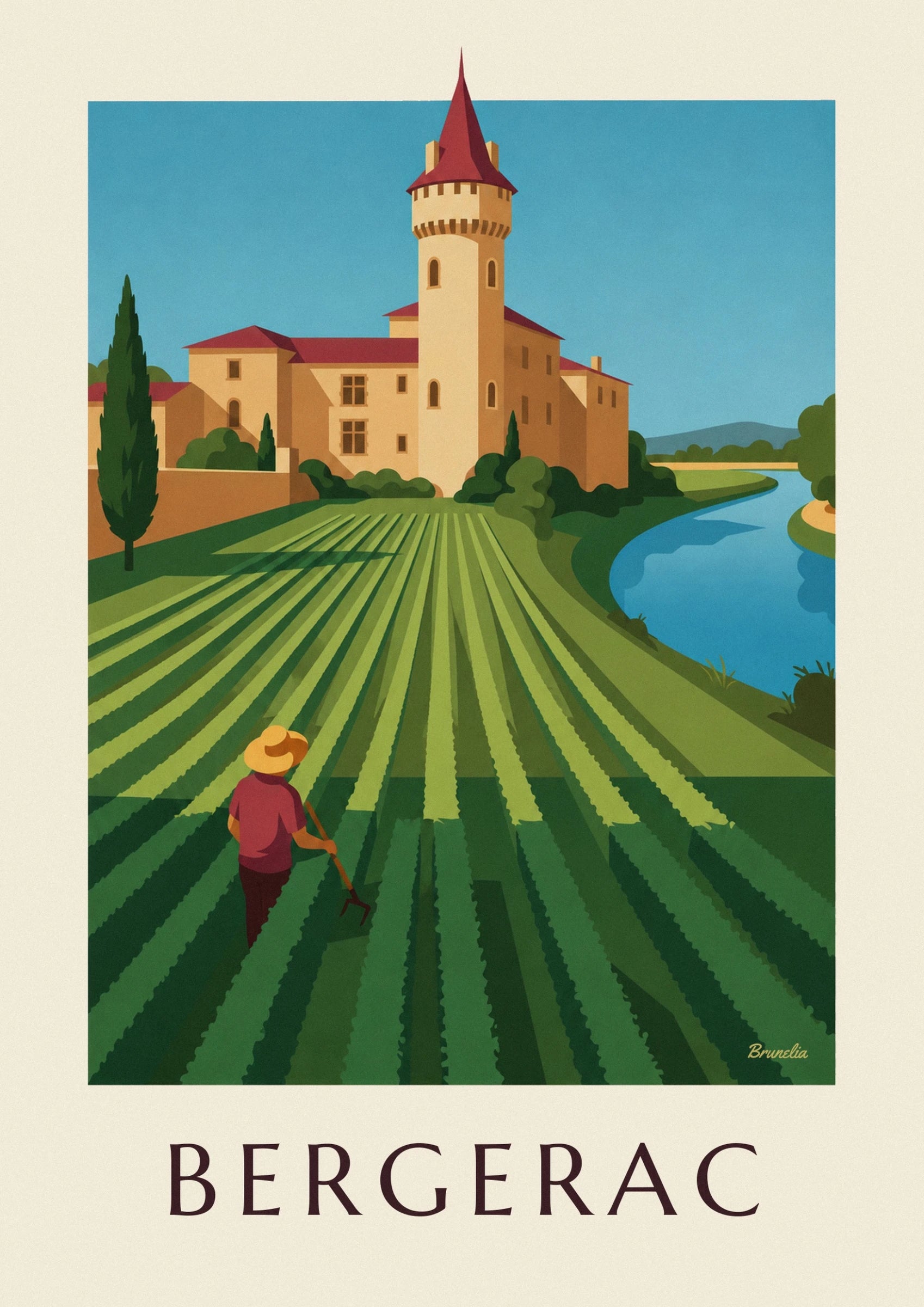 The golden château with a round tower and red roof in front of rows of vines