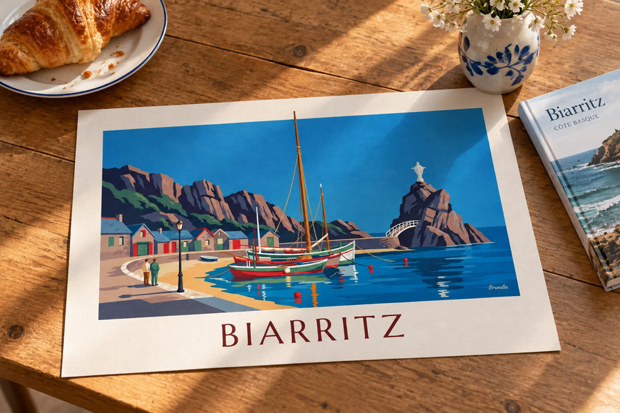 Poster Port des Pêcheurs in Biarritz und Rocher de la Vierge: auf einem Tisch