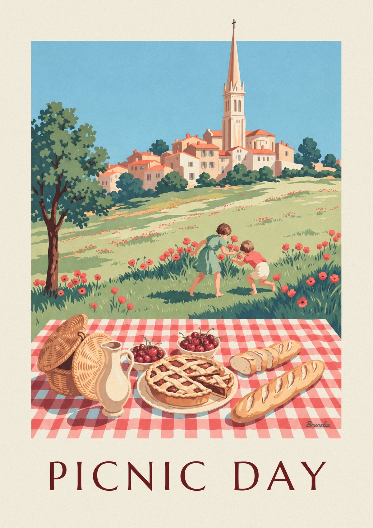 Affiche pique-nique en famille sur une nappe à carreaux