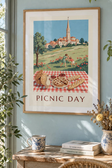 Poster picnic in famiglia su una tovaglia a quadri: incorniciato alla parete