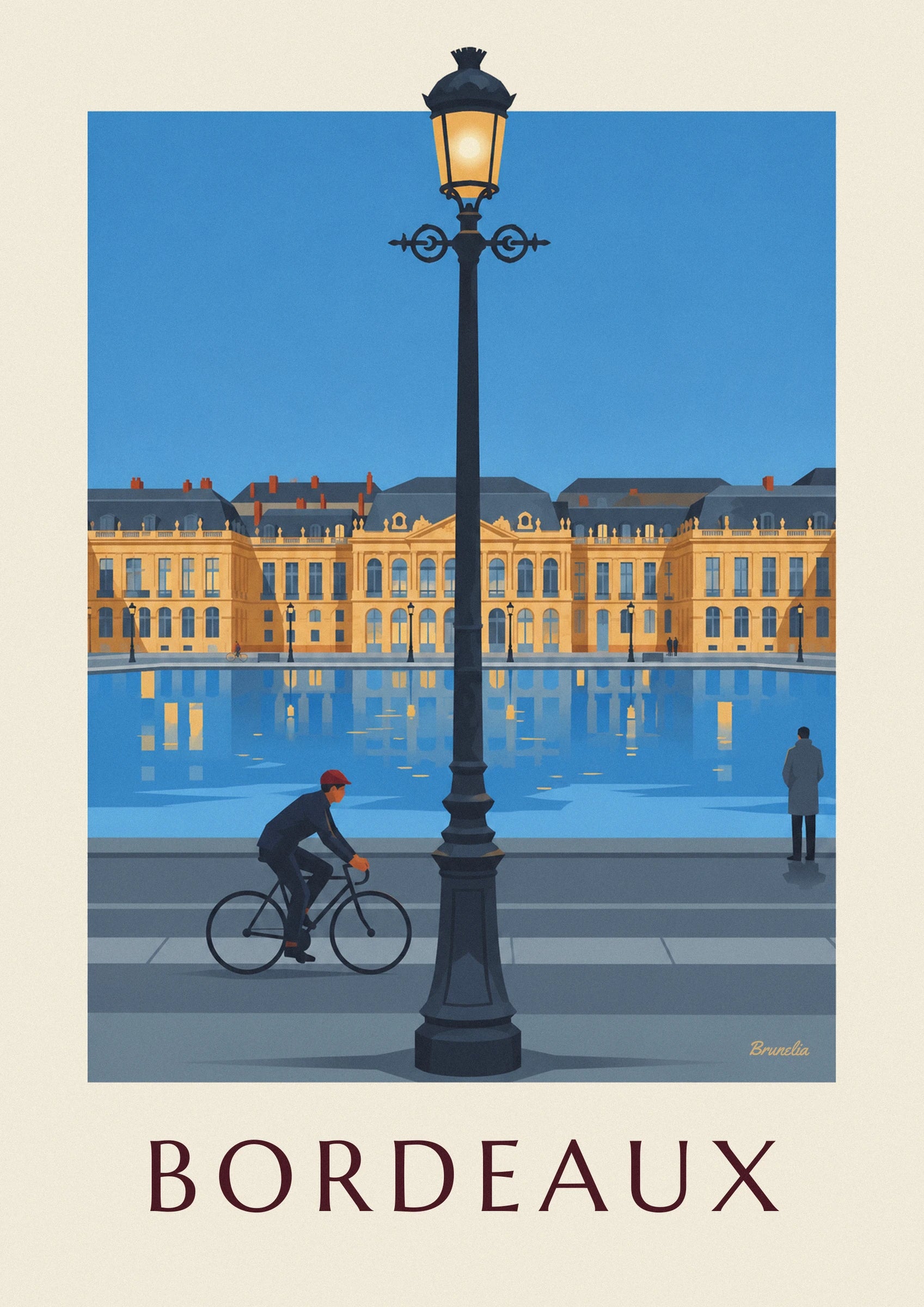 The cyclist in a red cap on his black bicycle beside the reflecting pool