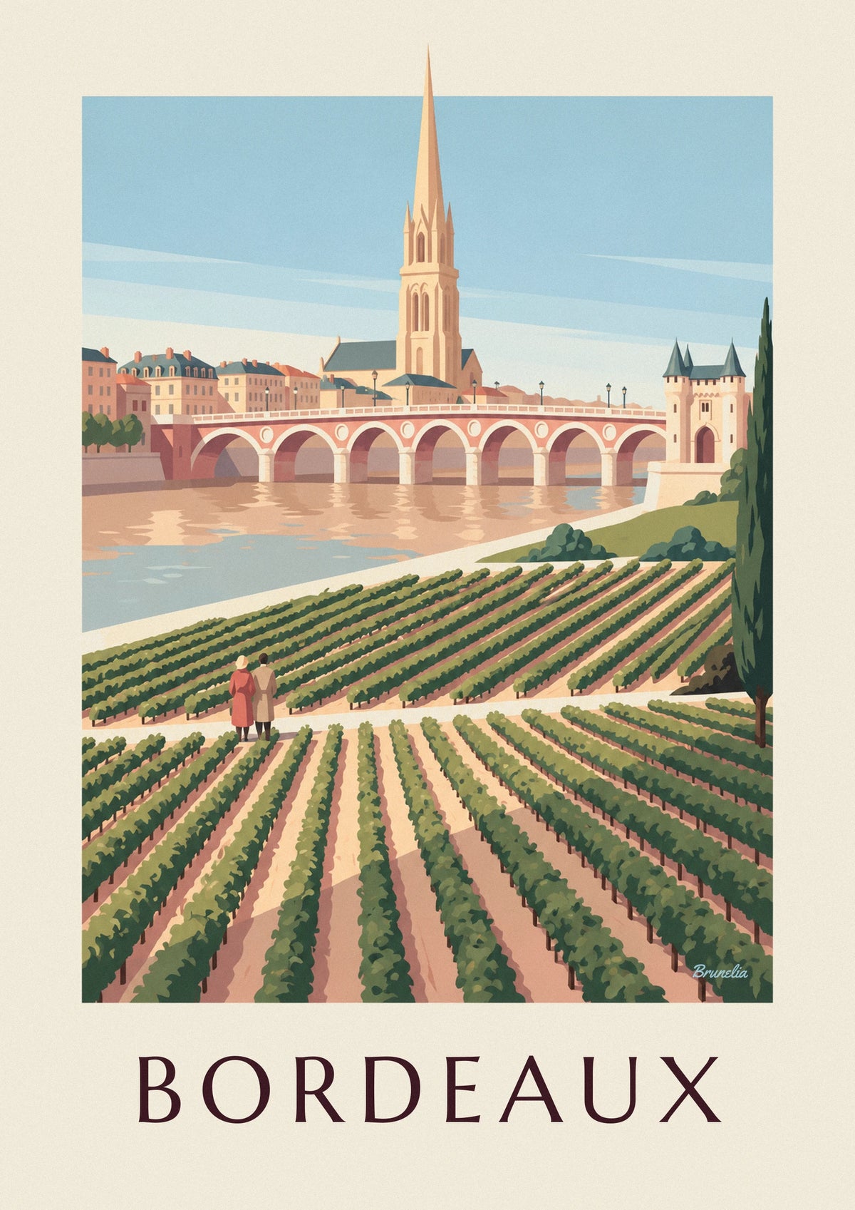 Poster ponte di pietra e Porte Cailhau a Bordeaux visti dai vigneti