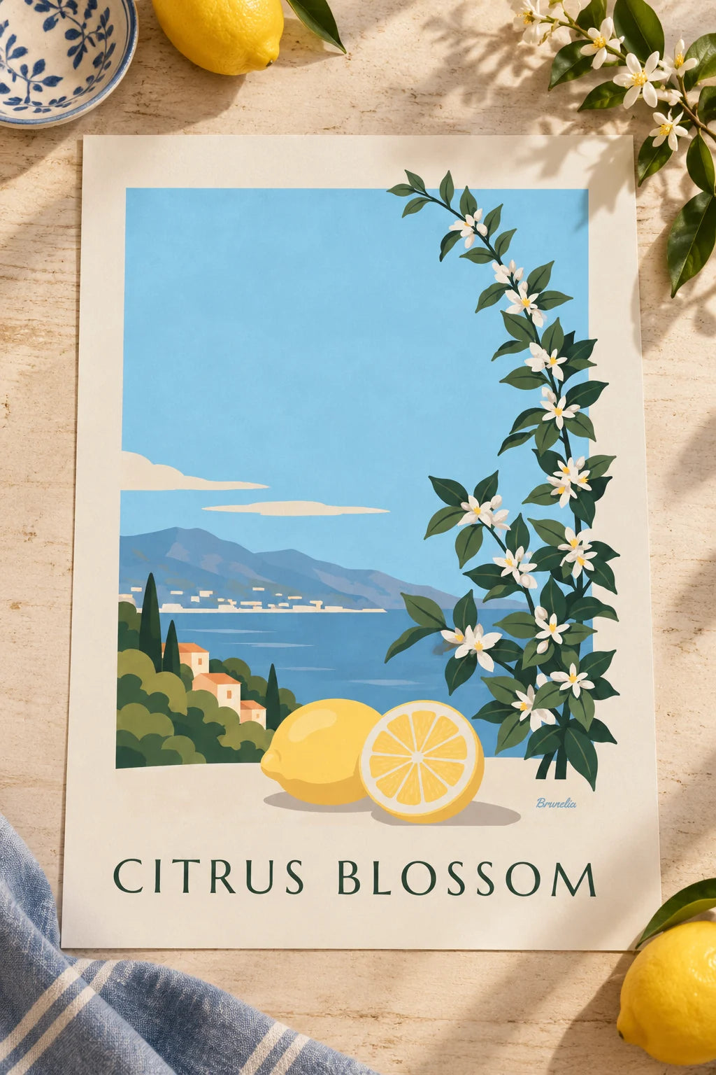 Chambre : mise en situation de Affiche citron, demi-citron et fleurs blanches de citronnier
