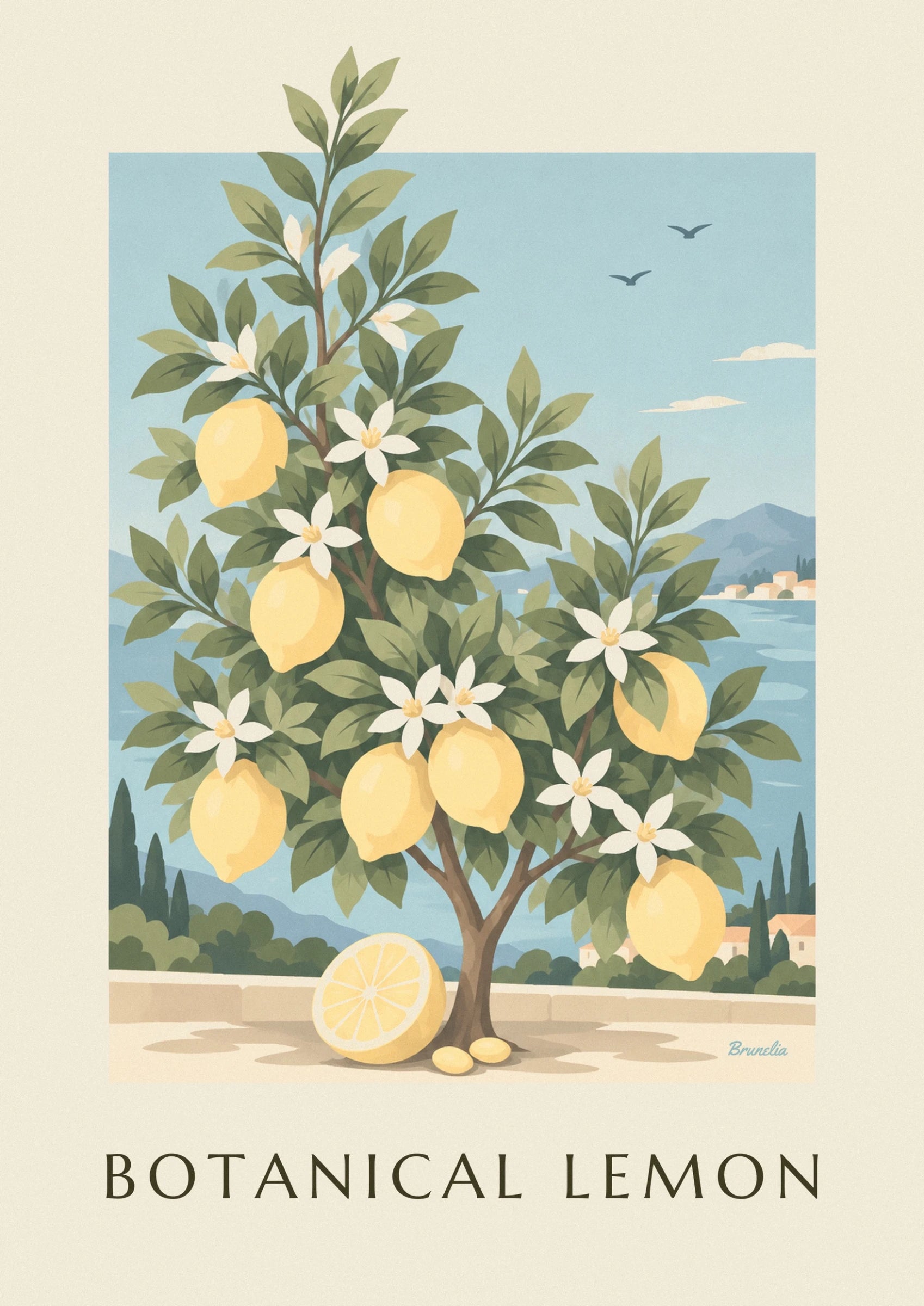 Les citrons jaunes et les fleurs blanches étoilées parmi les feuilles du citronnier