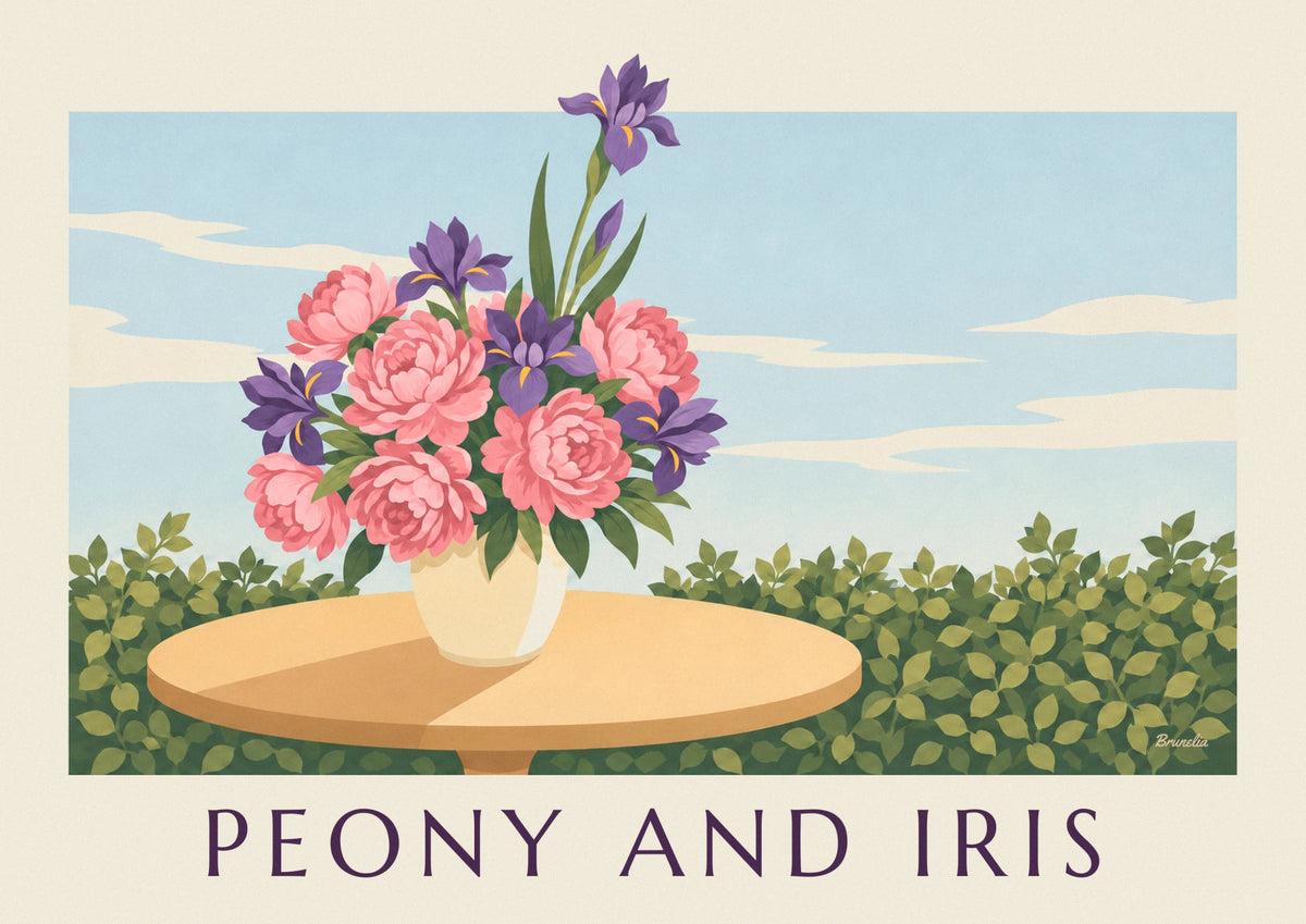 Affiche bouquet de pivoines roses et d'iris violets