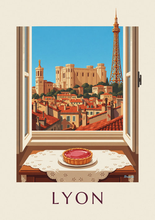 Affiche tarte aux pralines roses à la fenêtre d'un salon lyonnais : l'affiche entière