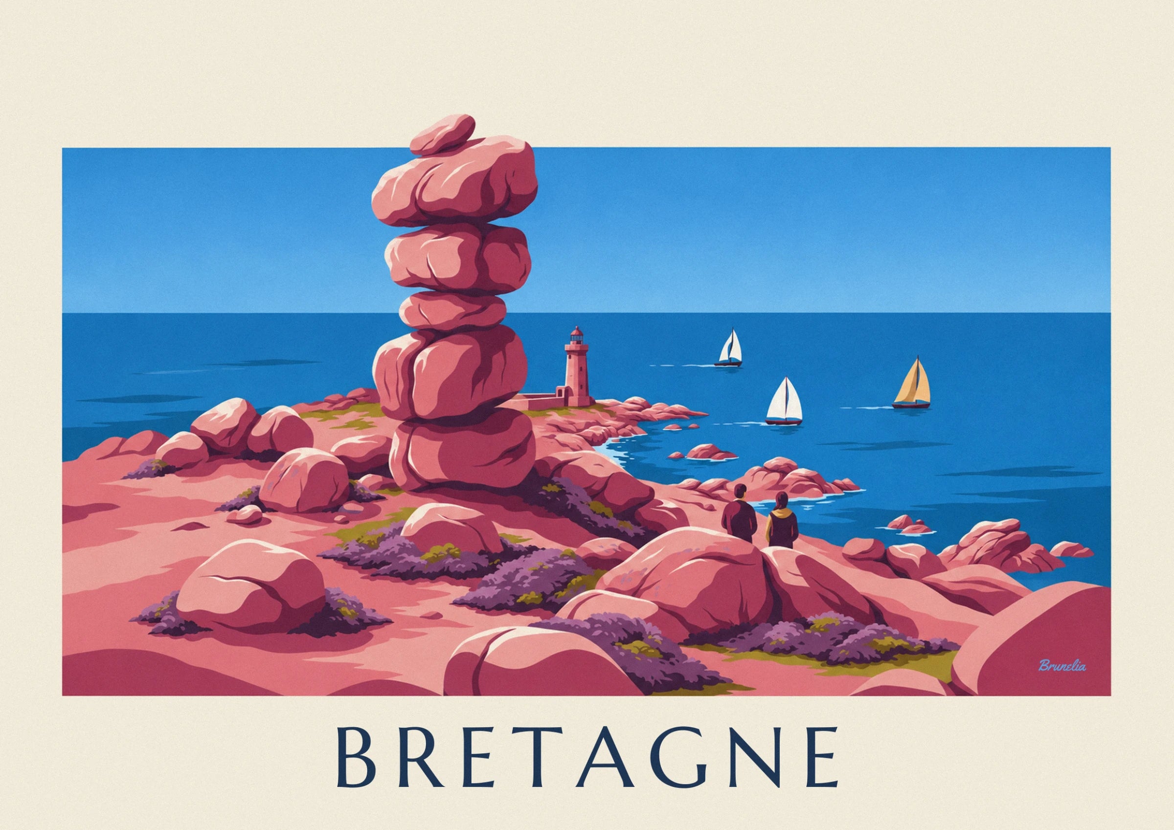 A stack of 5 large pink granite boulders facing the sea under a blue sky