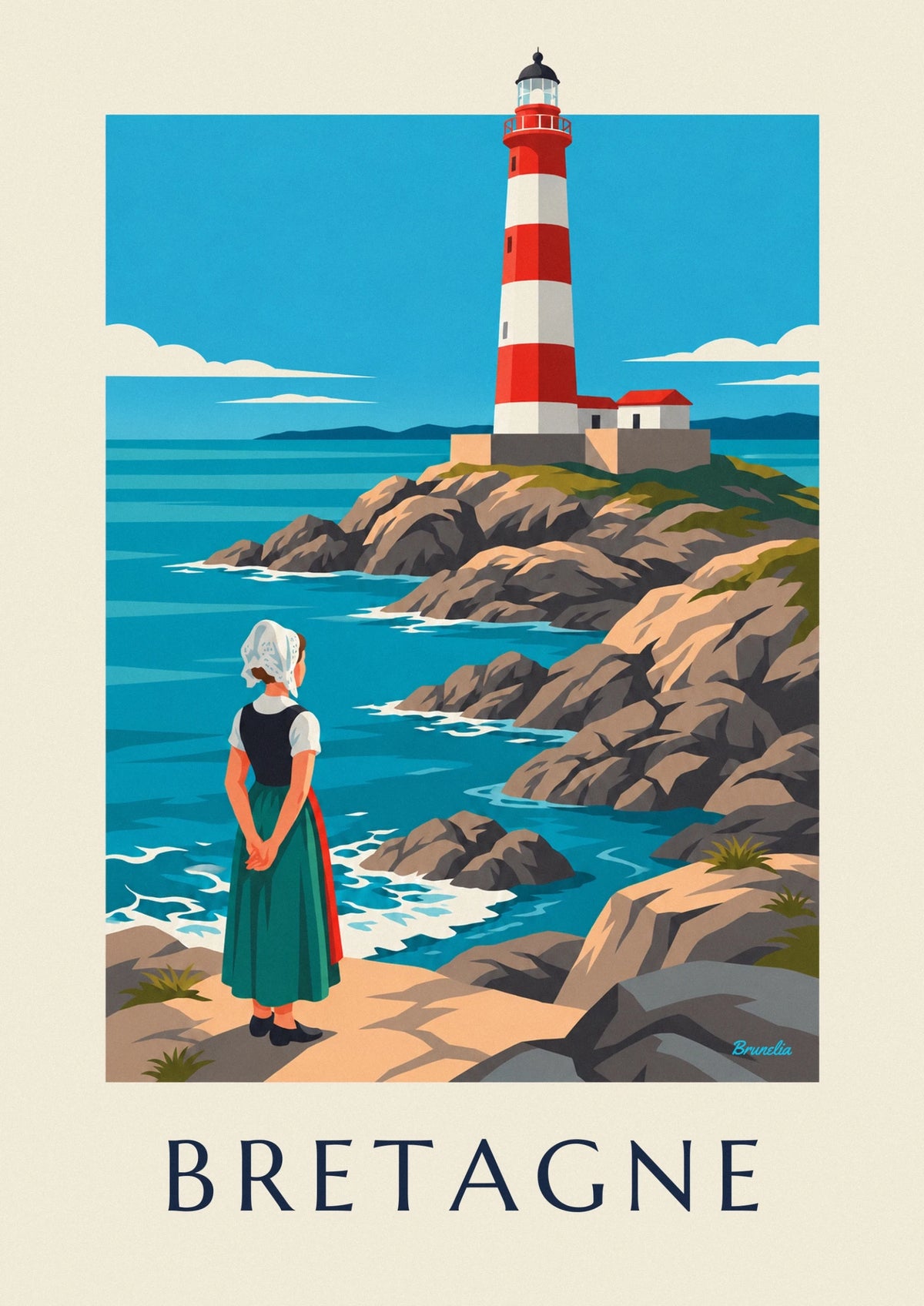 Breton woman in lace headdress and red and white lighthouse poster